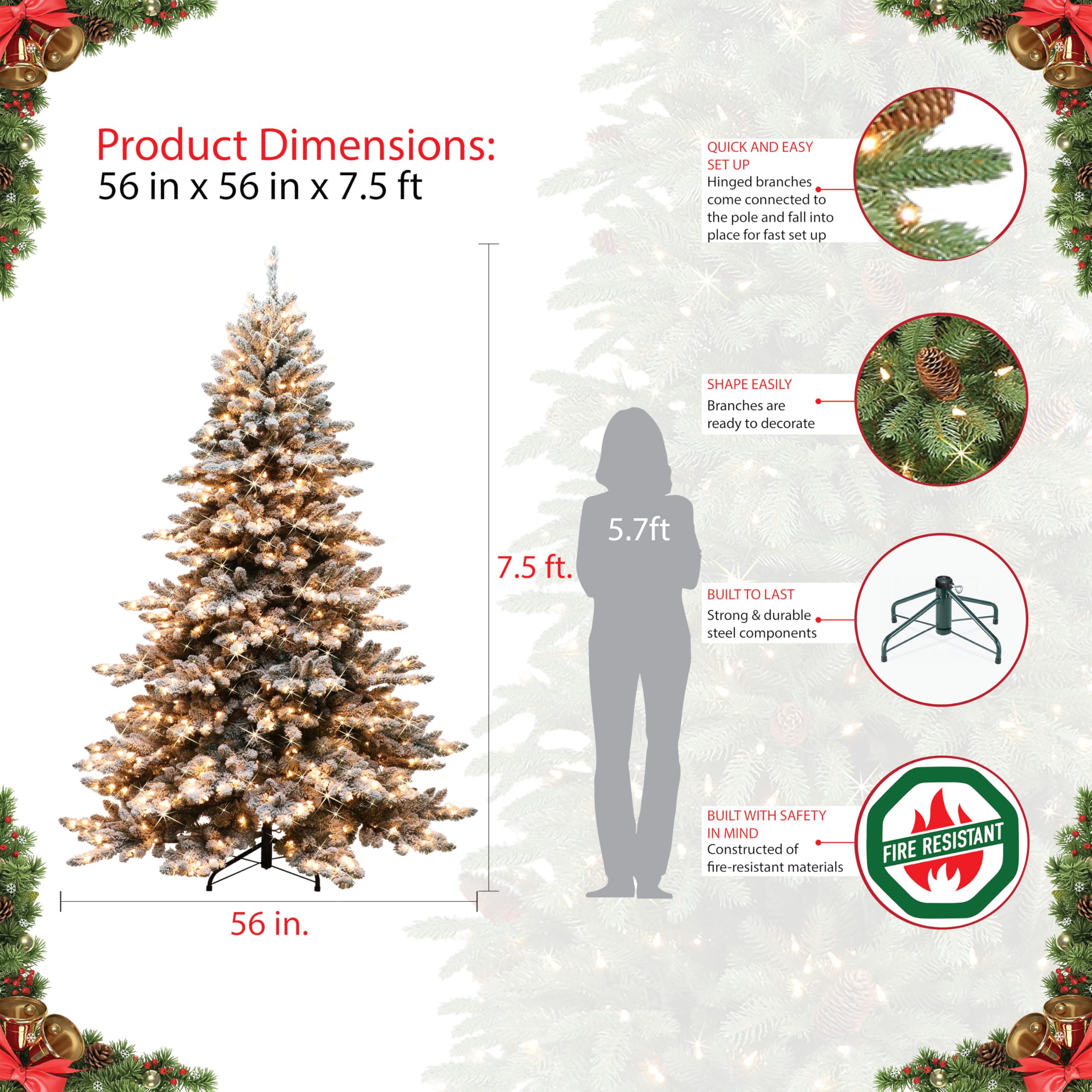 Puleo International 7.5' Royal Majestic Spruce Green Tree Flocked with 700 UL-Listed Clear PRE-Attached Lights