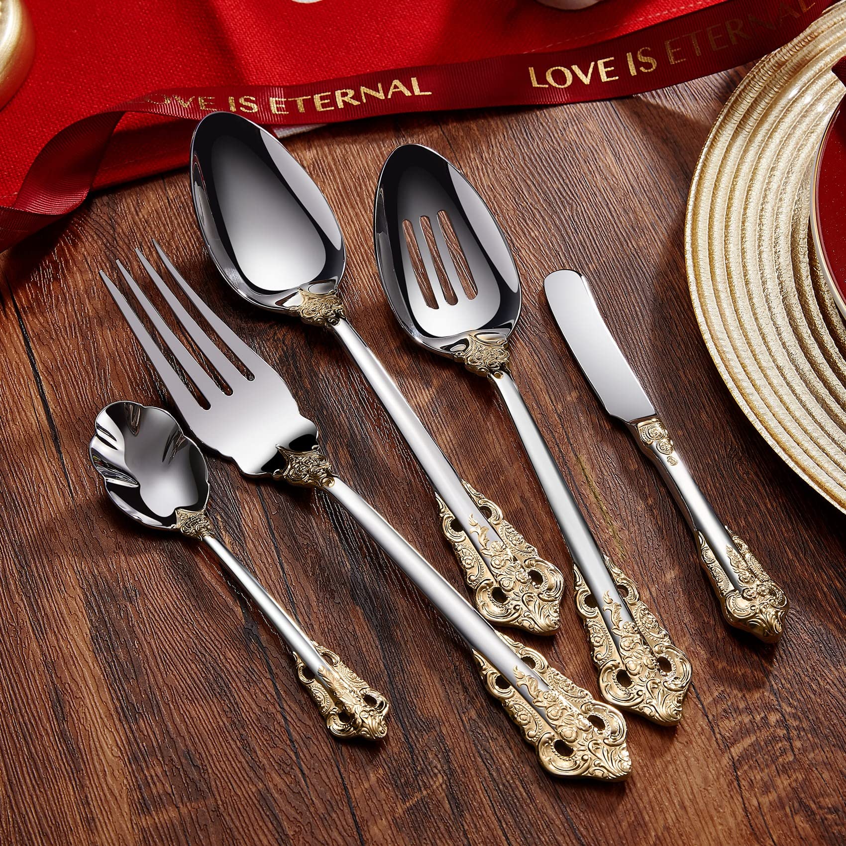Keawell Gorgeous 5-Piece 18/10 Stainless Steel Hostess Serving Utensil Set, Dishwasher Safe, Gold Accent