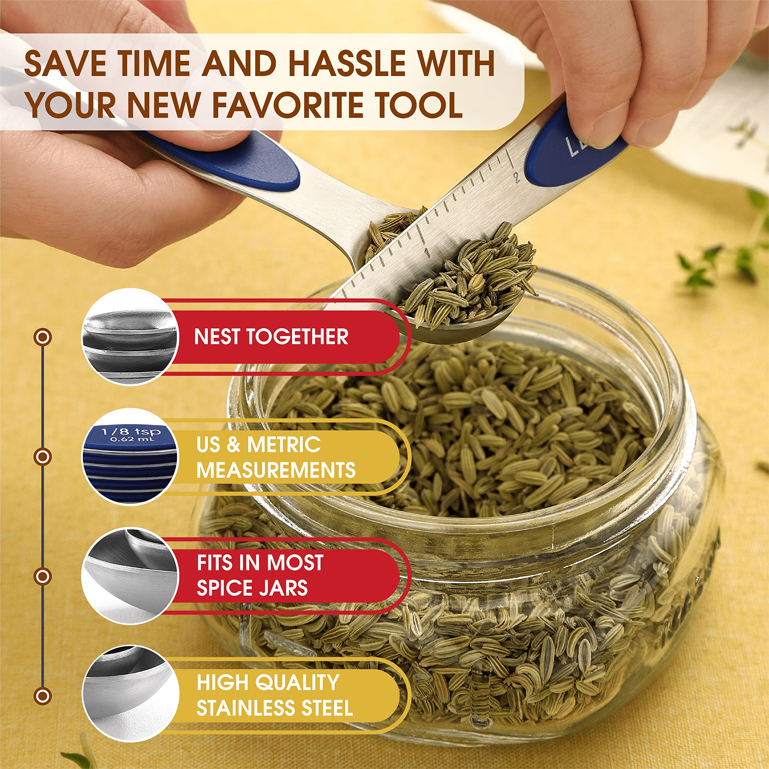 Spring Chef Stainless Steel Magnetic Measuring Spoons Set Of 8 With Leveler, Heavy Duty Teaspoon & Tablespoon Measuring Spoons W