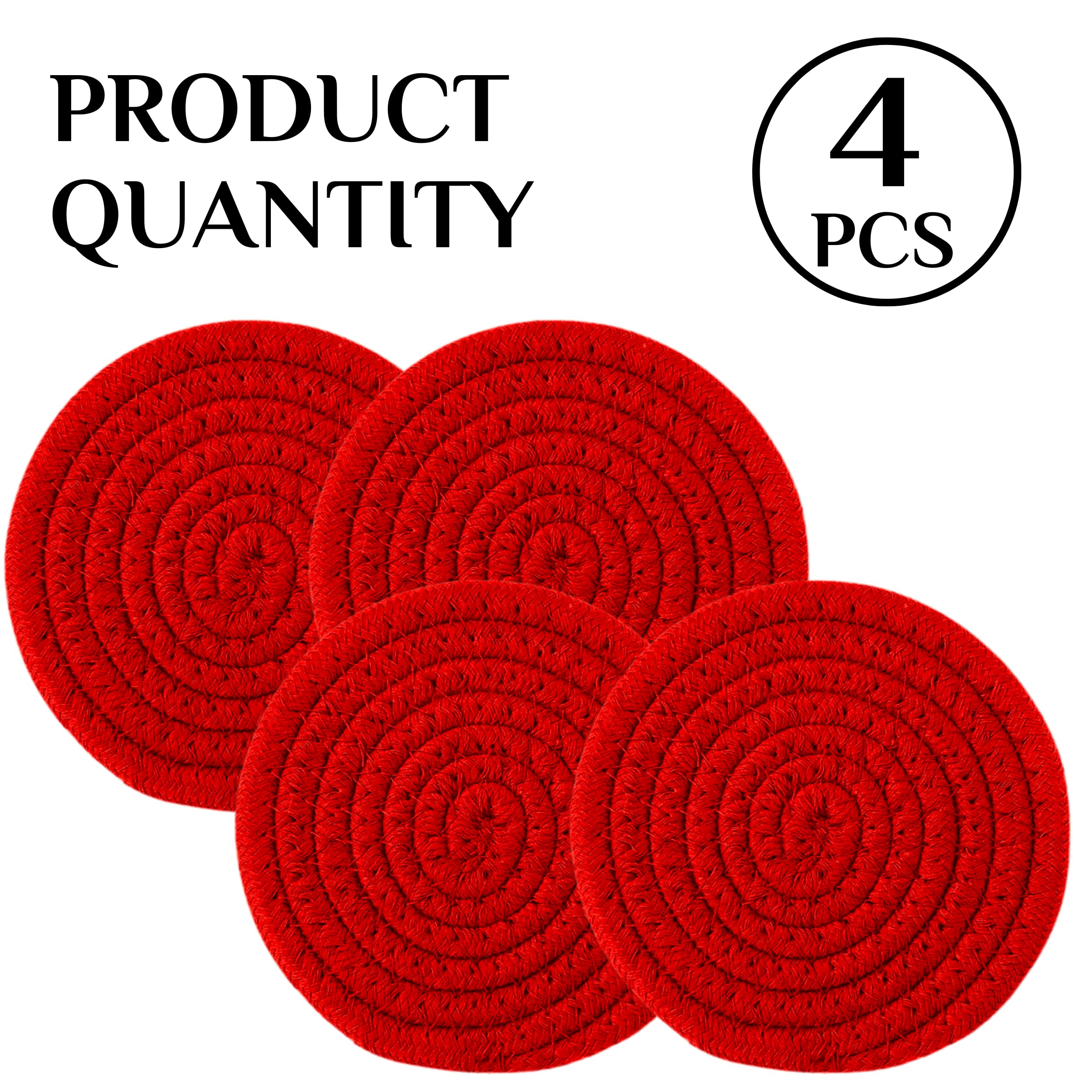 4Pcs Red Cotton Round Woven Coasters Drink Handmade Braided Cup Coasters Absorbent Woven Coasters Woven Hot Pads Mats For Drink