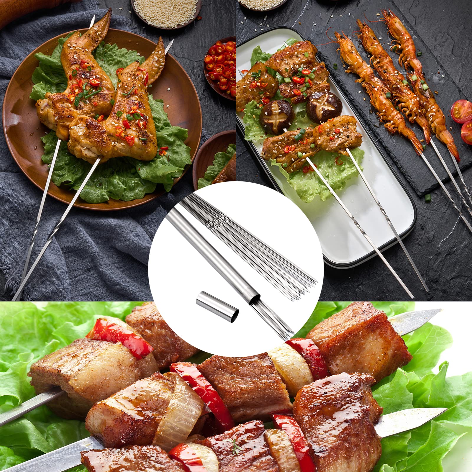 Willbbq 304 Stainless Steel 14.8'' Long Flat Barbecue Skewers,20Pcs/40Pcs Bbq Kebab Skewers With Portable Metal Storage Tube,Reu