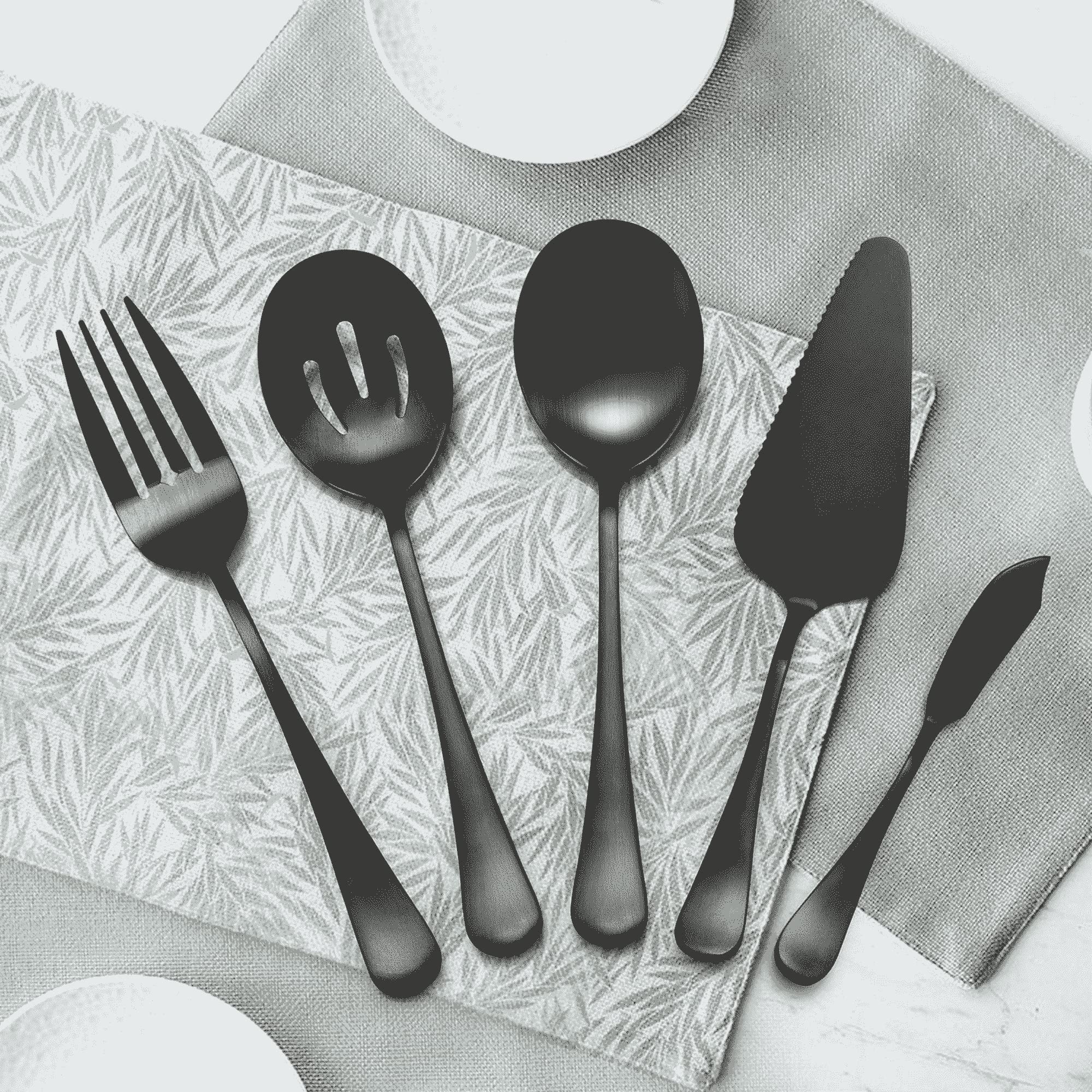 Lianyu 5-Piece Black Serving Utensils Set, Stainless Steel Serving Set Include Serving Spoon Fork, Flatware Serving Pieces For B
