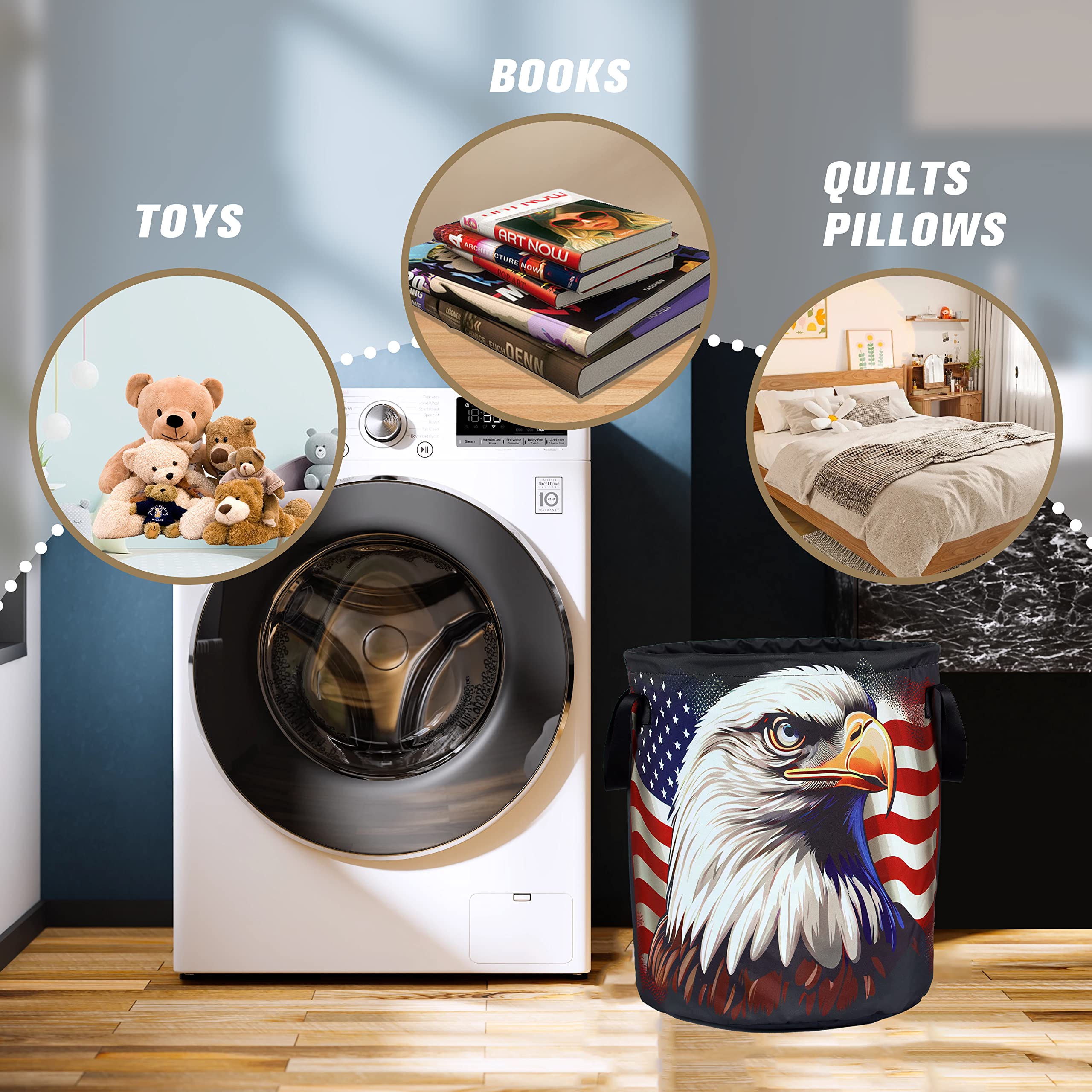 American Flag Eagle Laundry Basket Foldable Waterproof Oxford Cloth Funny Tote Bag Laundry Hamper Clothes Storage Bucket Toy Org