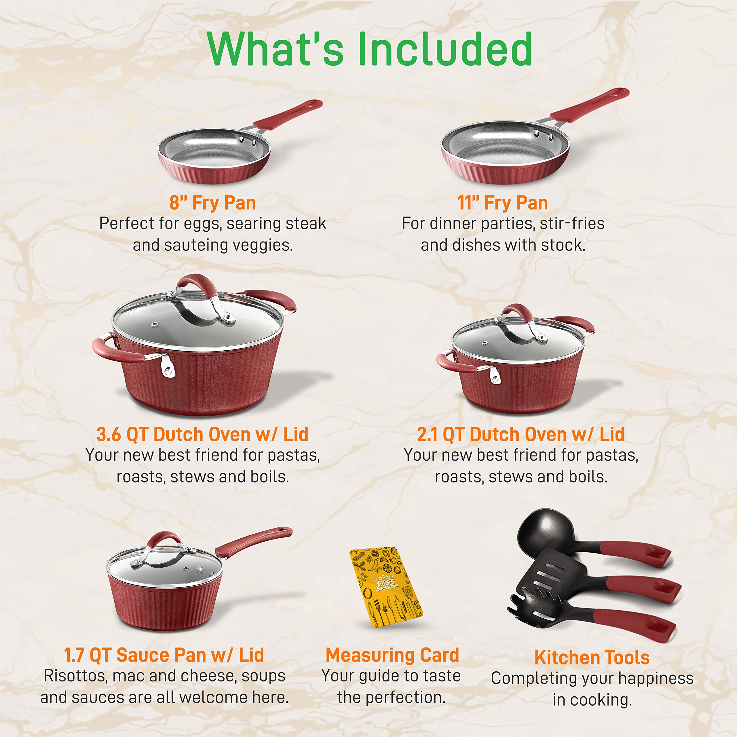 NutriChef Non-Stick Kitchenware Pots & Pans, 11 pcs, 11 Pcs. Stylish Kitchen Cookware Set w/Elegant Lines Pattern