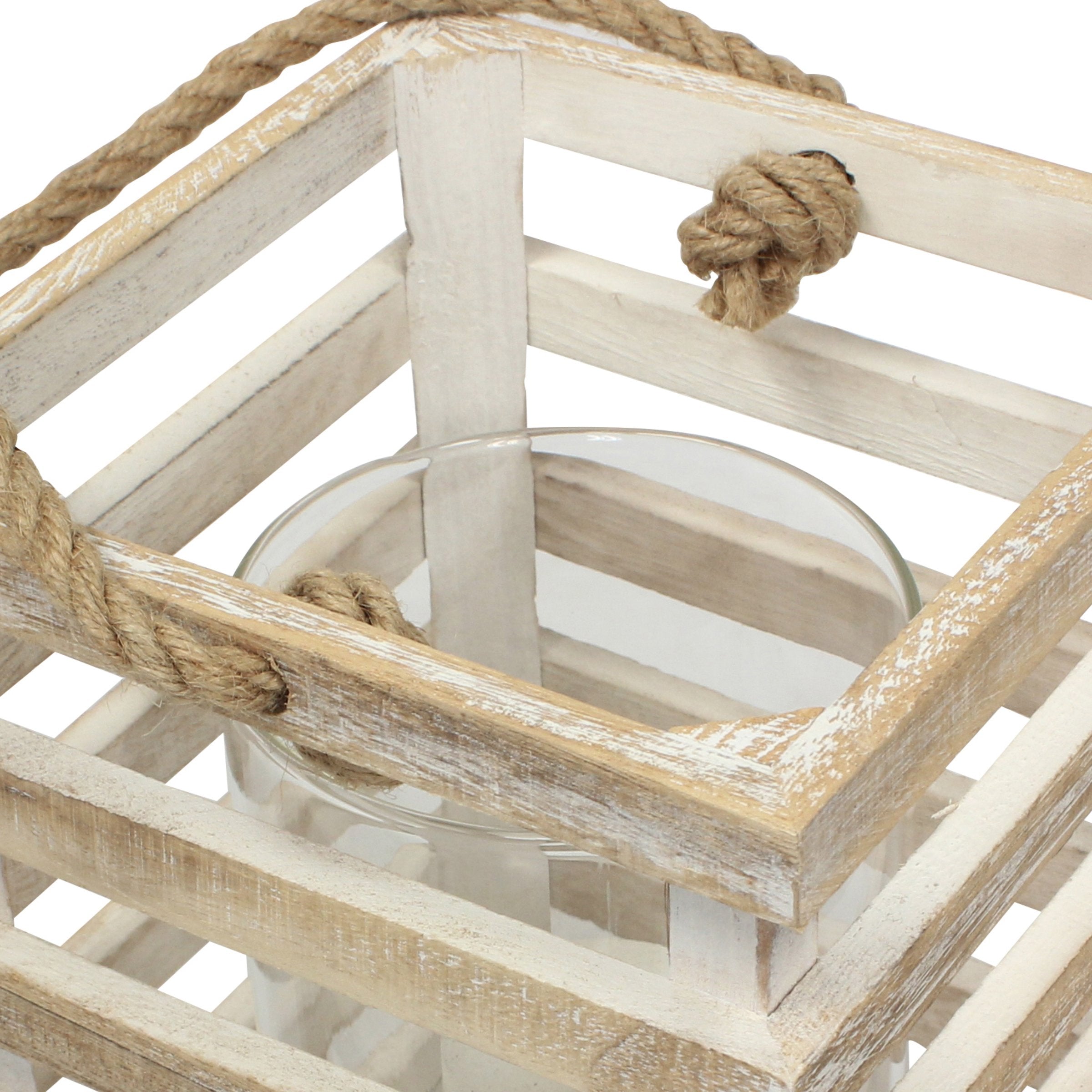 Stonebriar SB-5080B Worn White Wooden Beach House Candle Lantern with Rope Handle and Removable Glass Cylinder Hurricane, MEDIUM