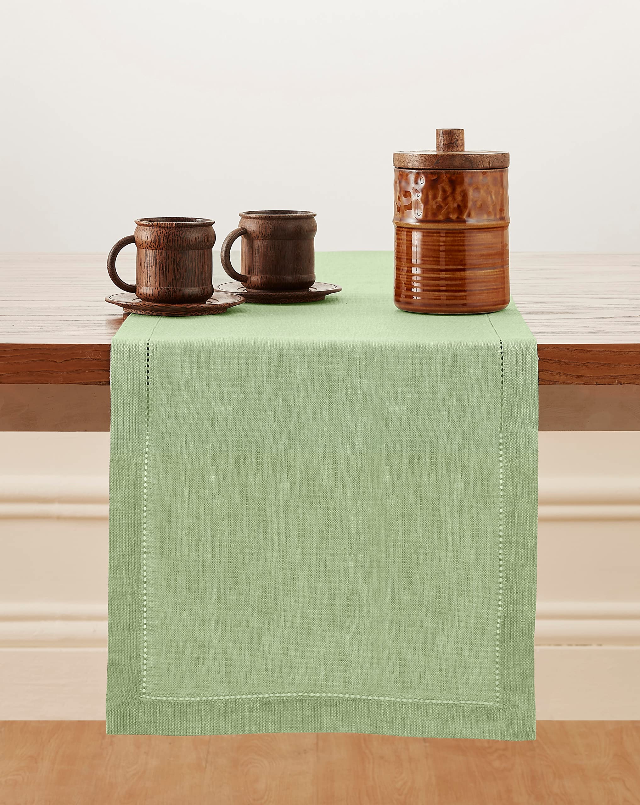 Solino Home Pure Linen Table Runner - Pistachio 14 x 108 Inch - 100% Linen Fabric Table Runner for Spring  Summer  Dining  Living - Milan  Machine Washable and Handcrafted from European Flax