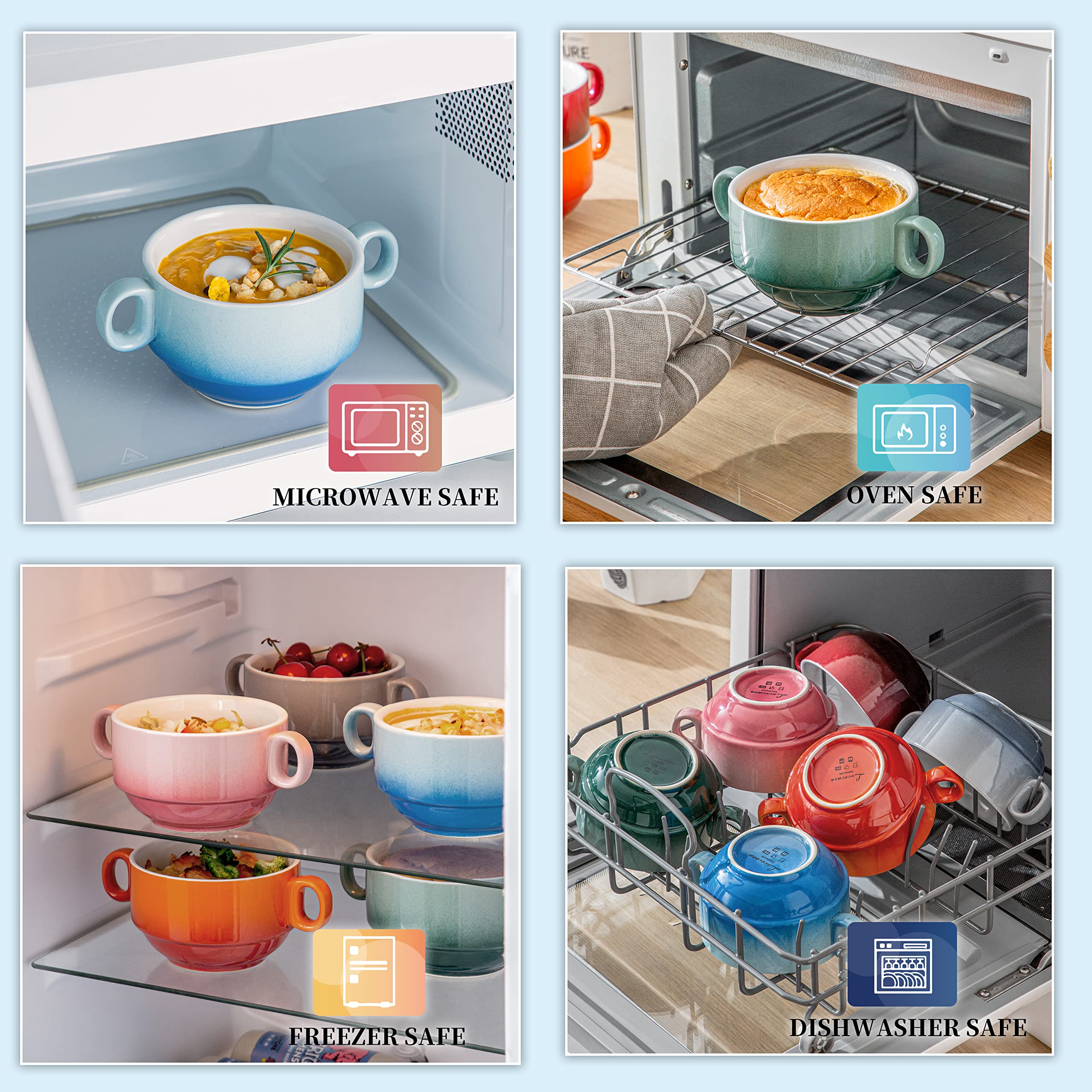 LOVECASA Multi-Color Soup Bowls with Handles  Small Ceramic French Onion Soup Bowls  13 OZ Soup Mugs Serving Bowls for Kitchen  Microwave & Dishwasher Safe  Set of 6