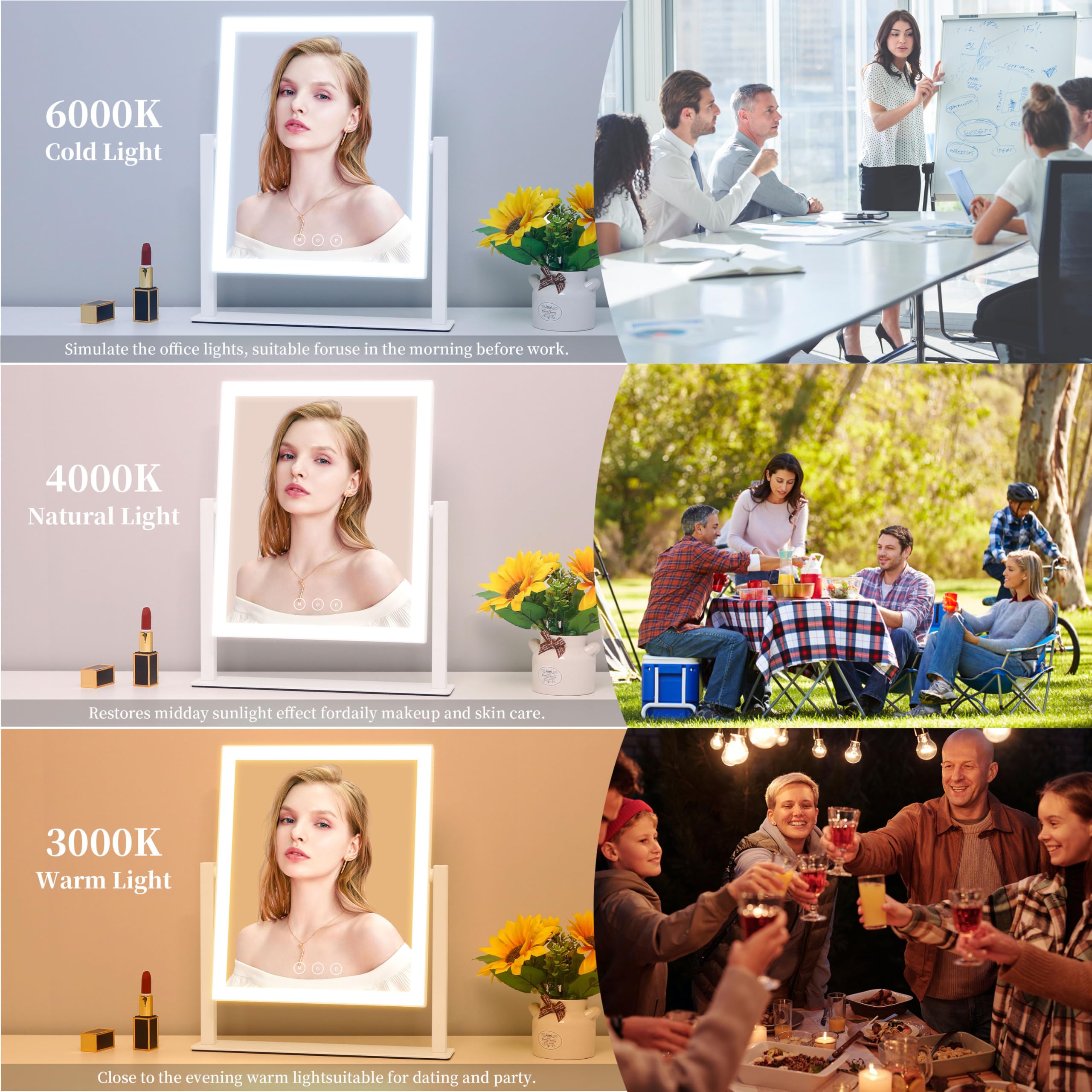 Acoolda Vanity Mirror with Lights  Makeup Mirror with Lights Three Color Lighting Modes  Dimmable Touch Screen  Detachable 10X Magnifying Mirror  360Free Rotation White