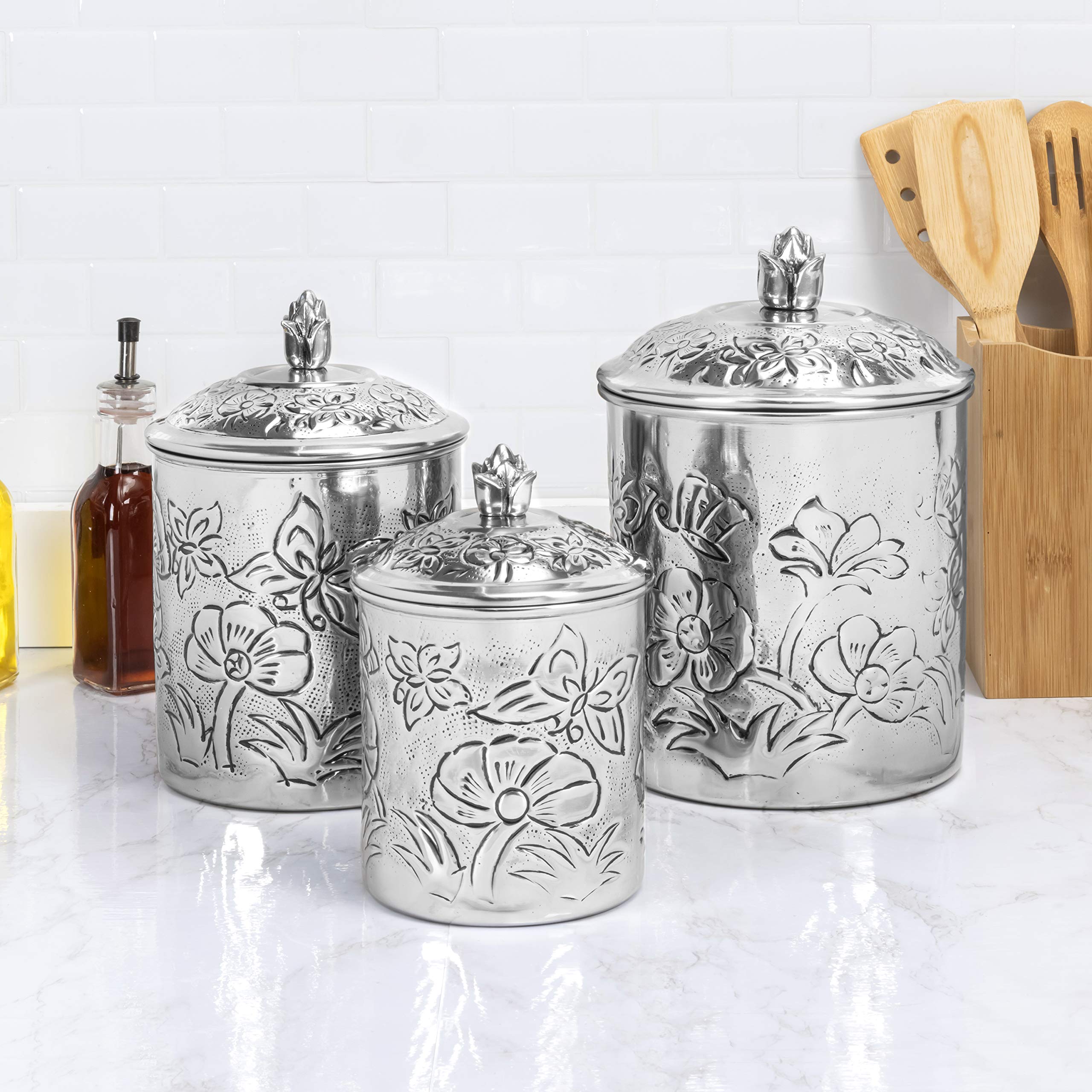 Old Dutch Embossed Butterfly Canisters, 4, 2, 1.5 Quarts, Gray