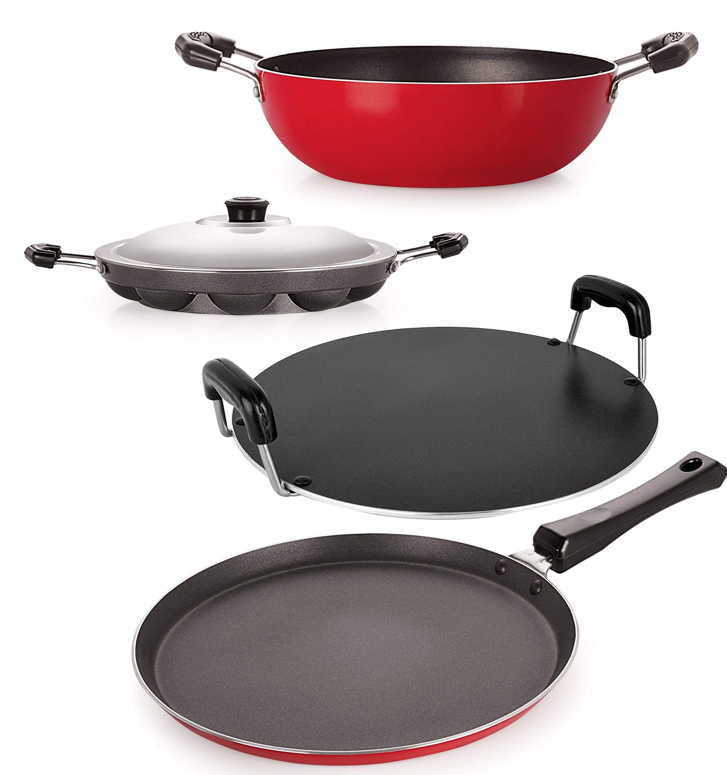 Nirlon NonStick Aluminium Cookware Set, 4Pieces, Red (26_Ft12_Kd14_Ap_Rt)
