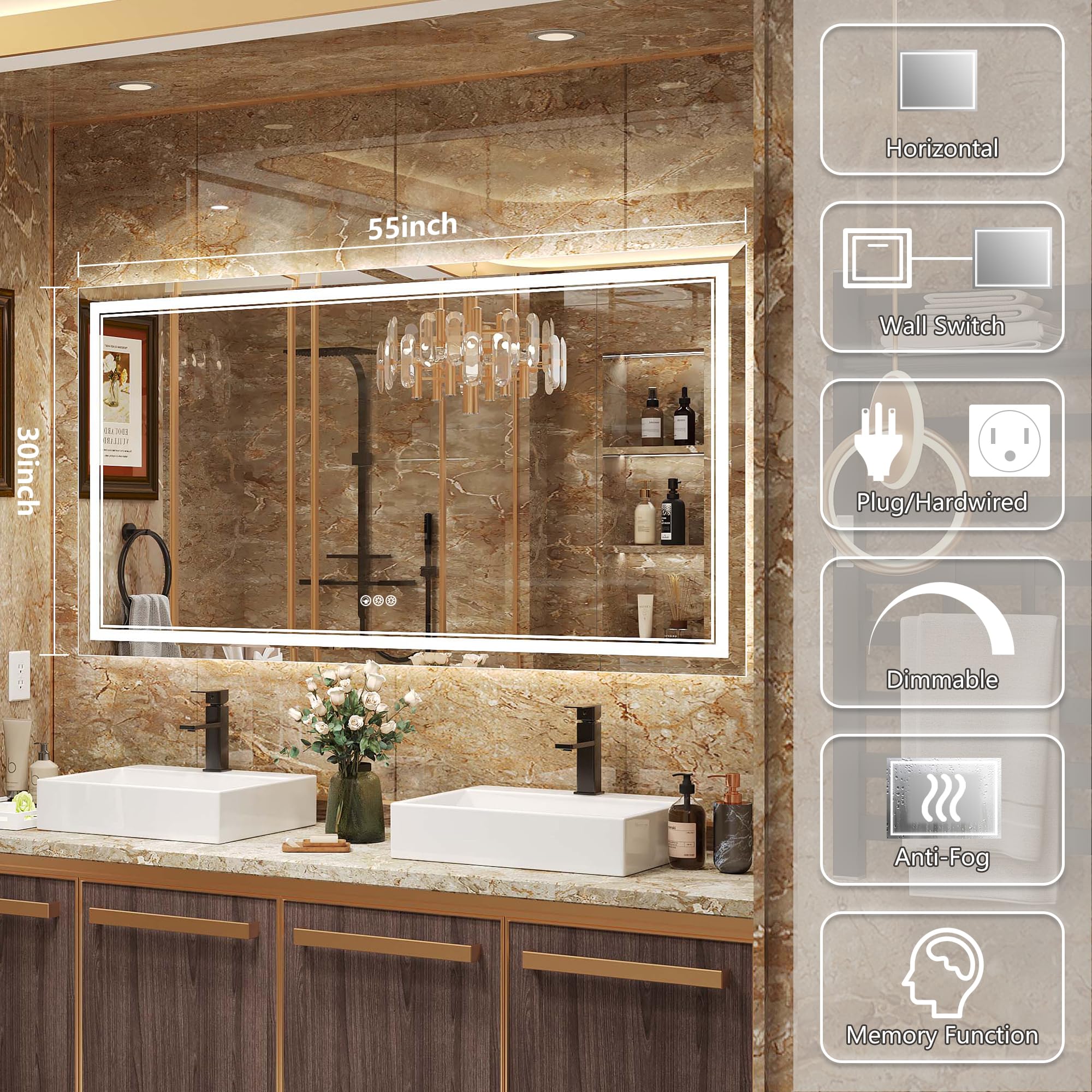 Ratsamee 55X30 Inch Led Mirror For Bathroom With Front Light And Backlit, Dimmable Anti Fog Wall Bathroom Mirror With Led Lights