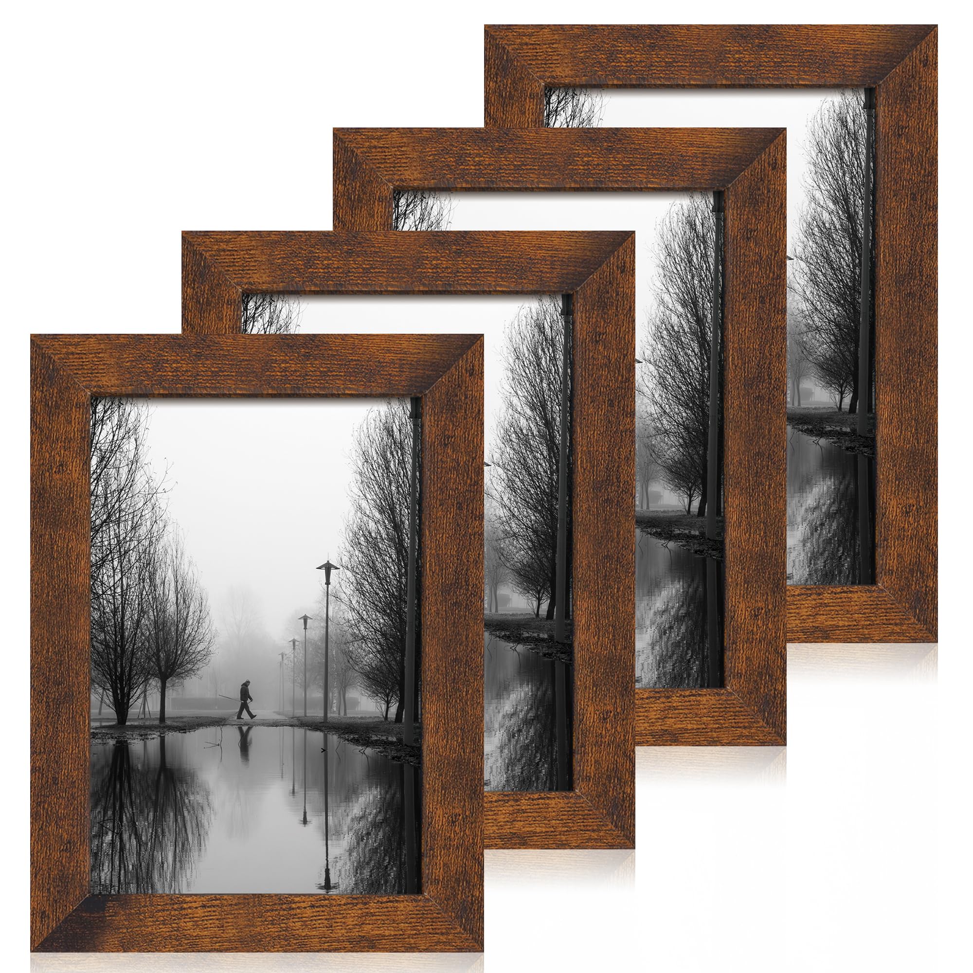 iRahmen 6x9 Picture Frame Set of 4, High Definition Real Glass Rustic Frame, 6 x 9 Wood Photo Frames for Tabletop Display and Wa