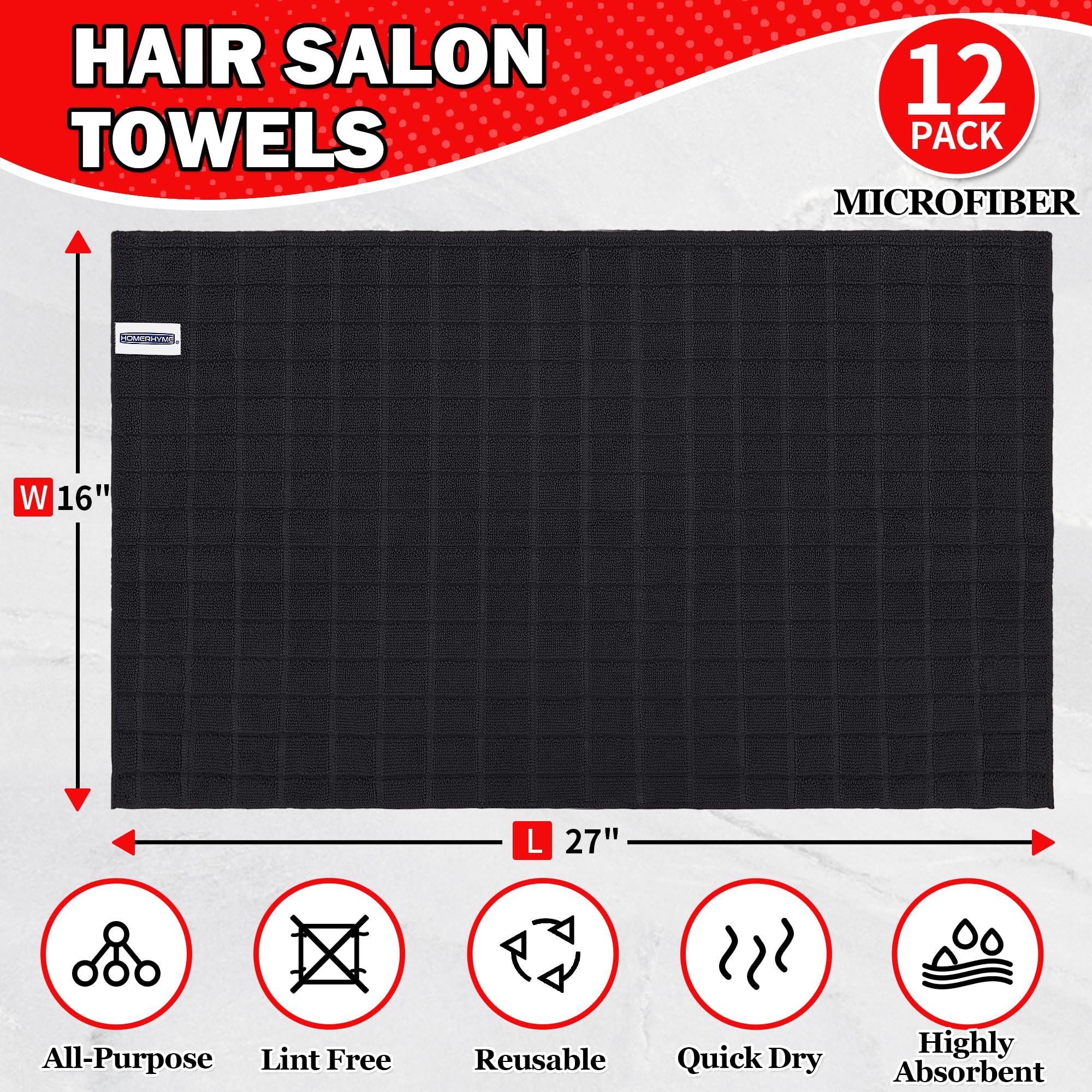 HOMERHYME Salon Towel, 12 Pack Black Hand Towels, 16 x 27 Inches Microfiber Barber Towel, Bulk Quick Dry Absorbent Microfiber Ha