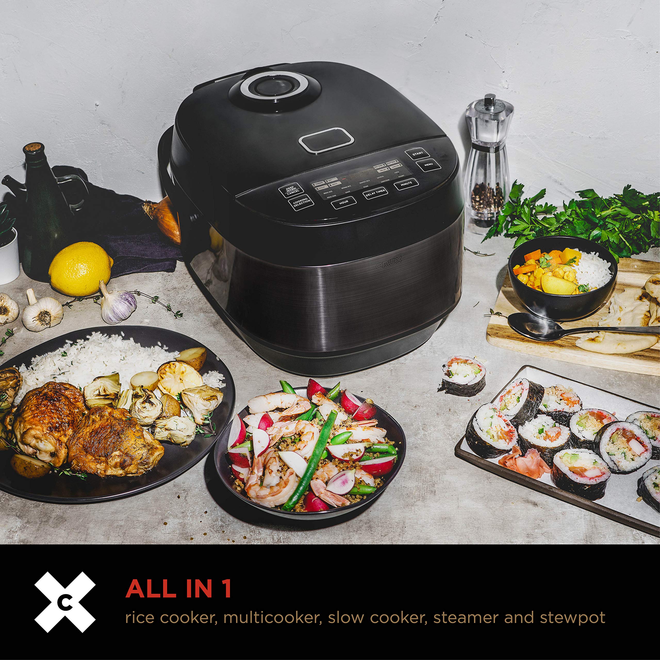 Crux 20 Cup Induction Rice Cooker, Multi-Cooker, Food Steamer, Slow Cooker, Stewpot, Easy One-Pot Healthy Meals, Dishwasher Safe