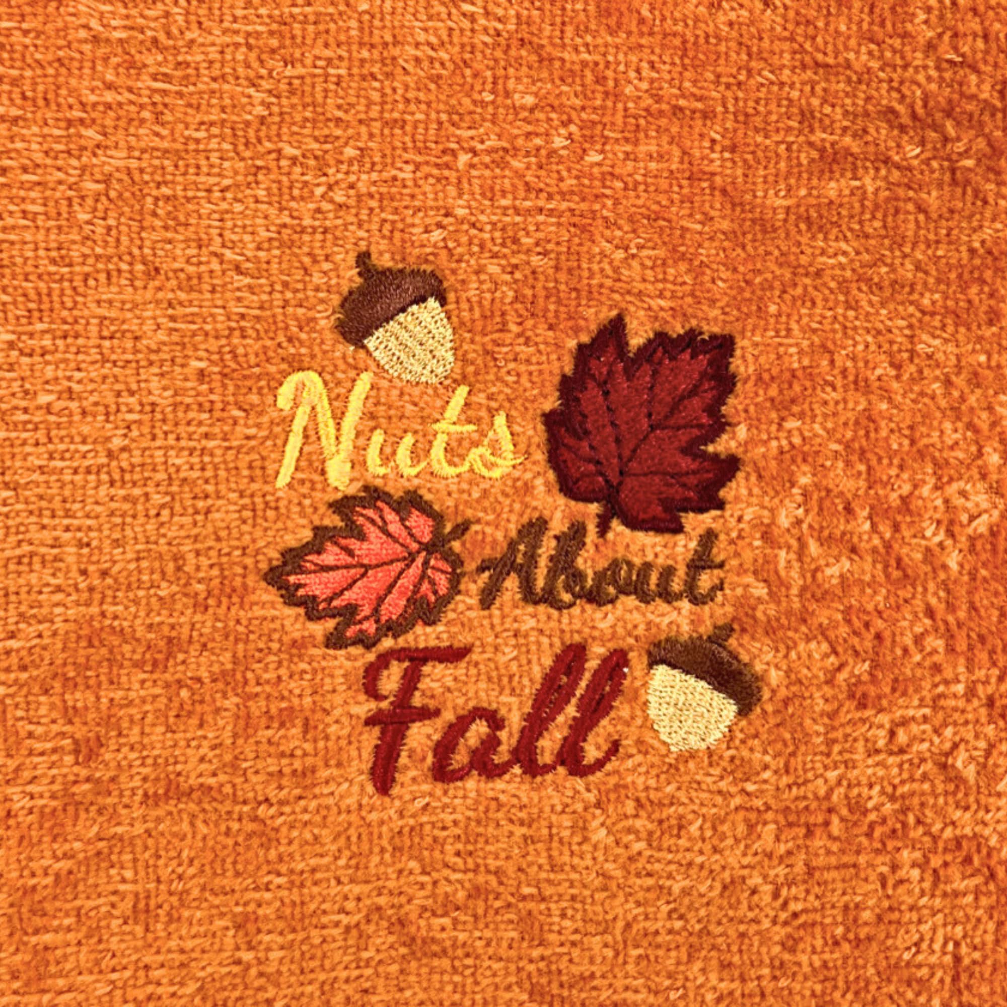 Serafina Home Decorative Fall Decor Fingertip Towels: Embroidered Nuts About Fall Acorns Leaves On Plush Orange, 2 Piece Set, 11