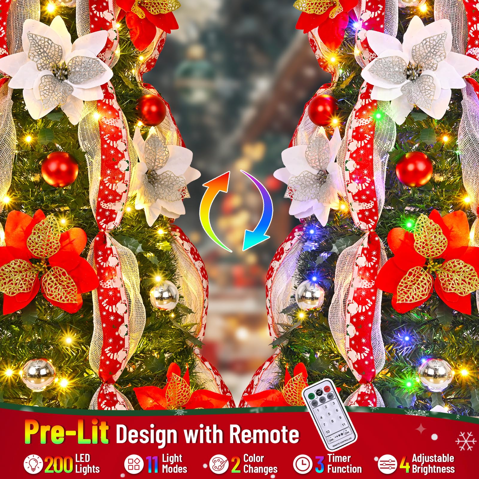 MARTINE MALL 6FT Pre-Lit Pre-Decorated Pop Up Christmas Tree with 200 Lights & Remote, Artificial Collapsible Foldable Christmas