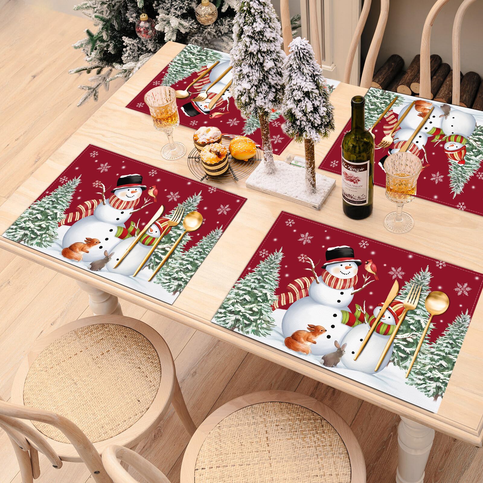 Bonhause Christmas Red Snowman Placemats Set Of 4, 12X18 Inch Winter Snow And Xmas Trees Kitchen Dinning Table Mats Washable Pla