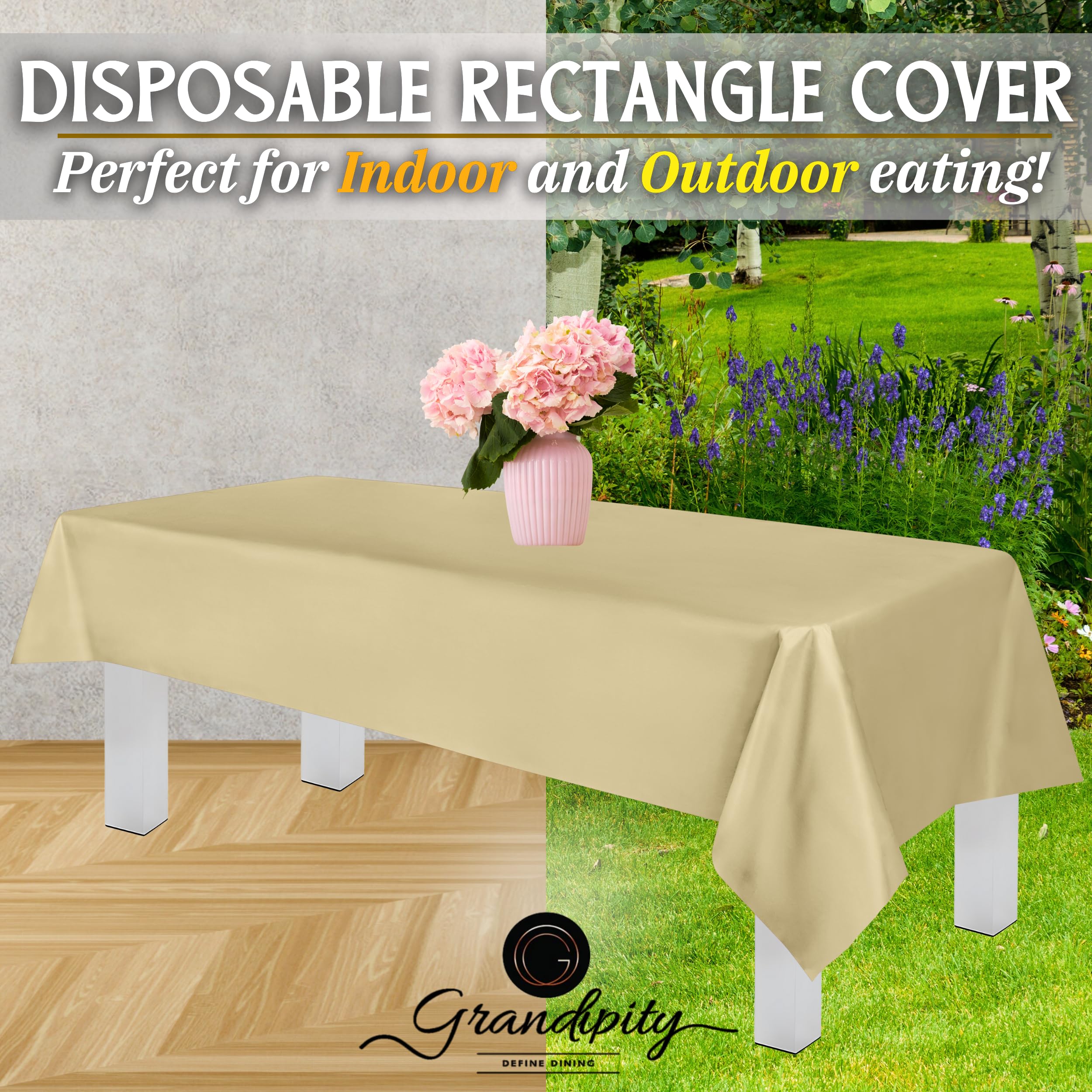 Grandipity Beige Plastic Table Cloth Disposable (6 Pk) 54In X 108In Plastic Tablecloths For Rectangle Tables - Premium Party Tab