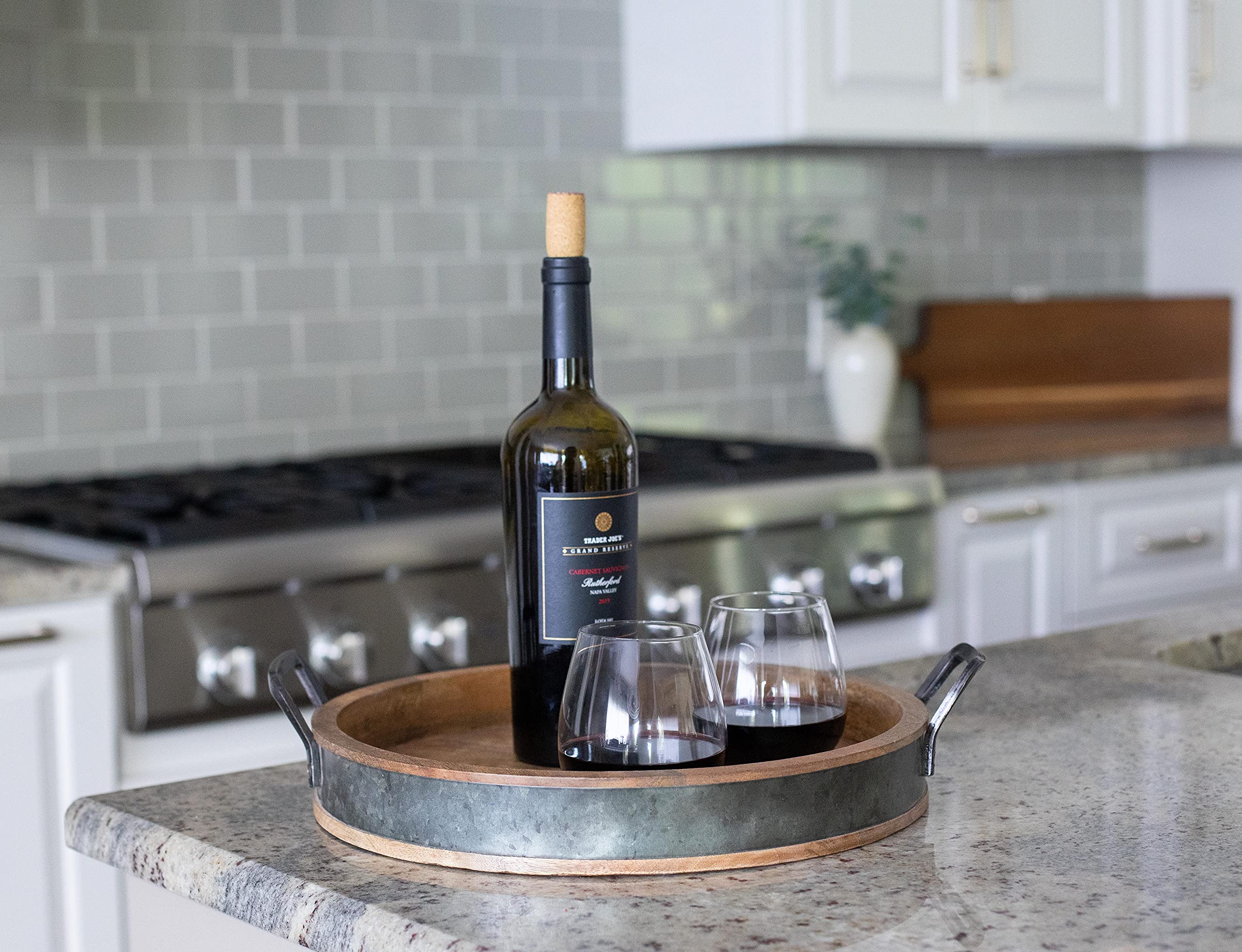 Birdrock Home Wooden Serving Tray With Handles - Iron Accents - Round Barrel Top Breakfast Trays - Tea Cheese Board - Coffee Tab