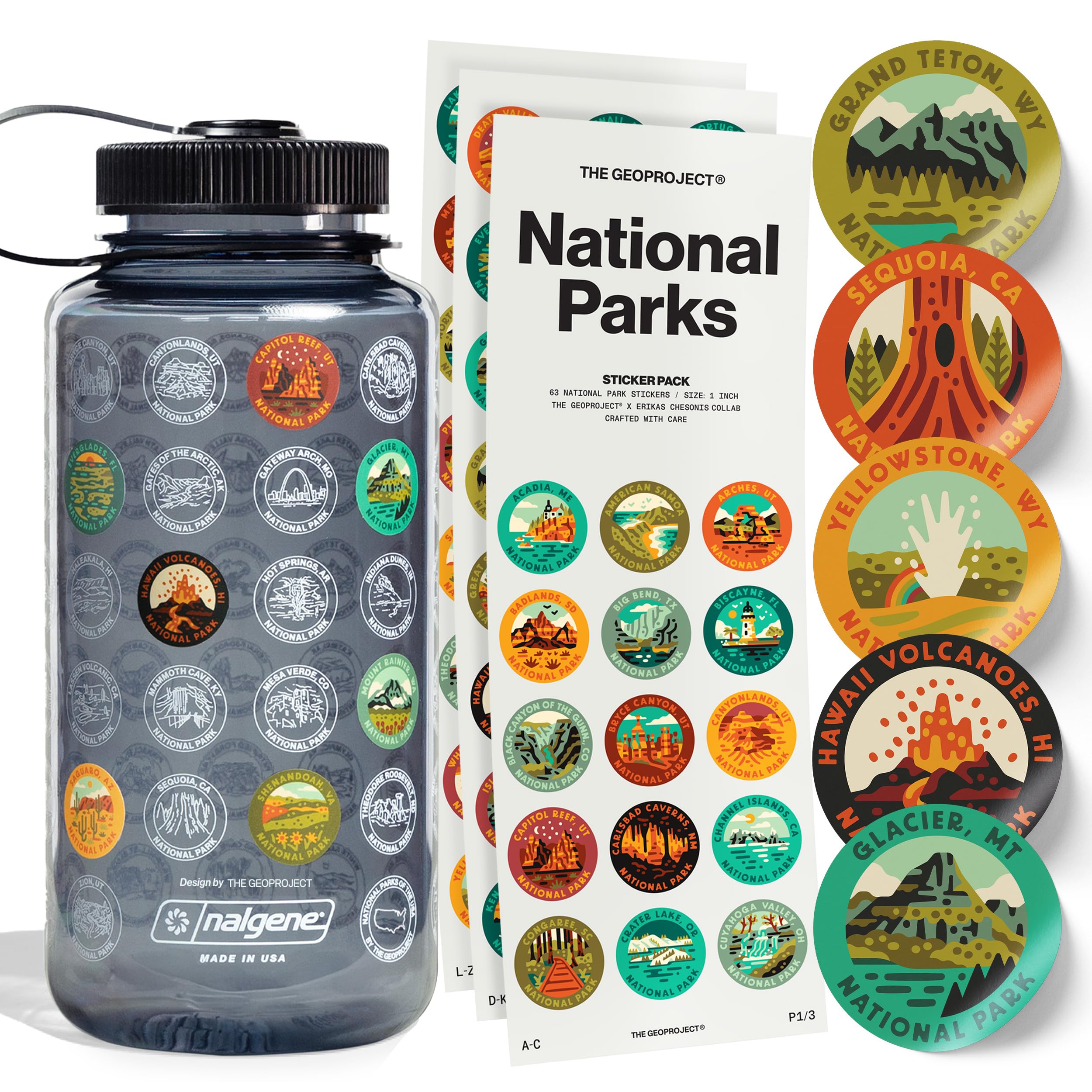 THE GEOPROJECT National Parks Sticker Water Bottle, 32oz Black