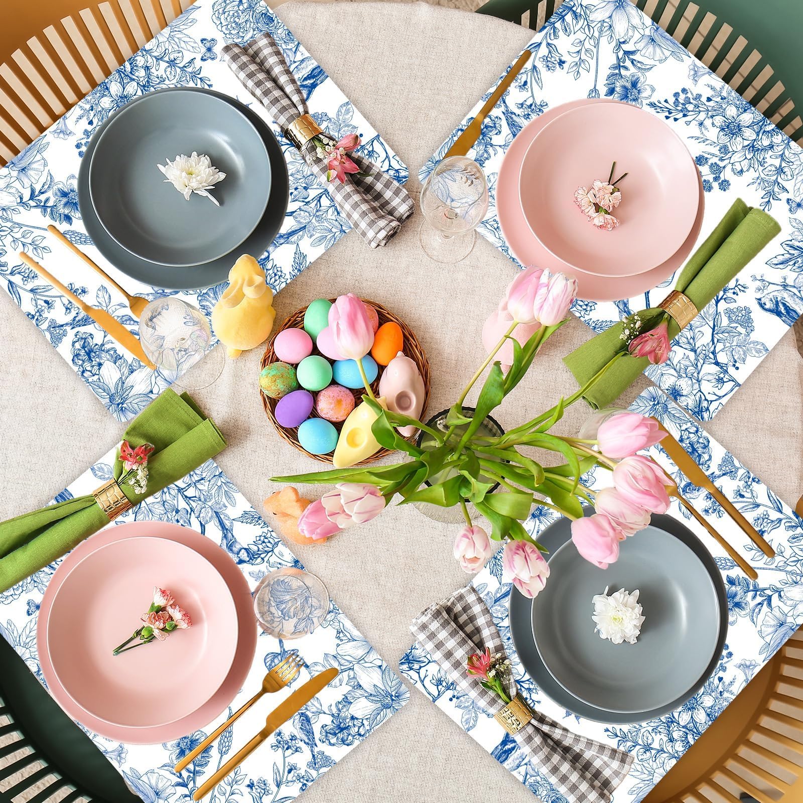 Obusatt Blue Floral Placemats Set Of 6 Flower Bird Plastic Table Mats Seasonal Spring Placemats Chinoiserie Table Mats Rustic Vi