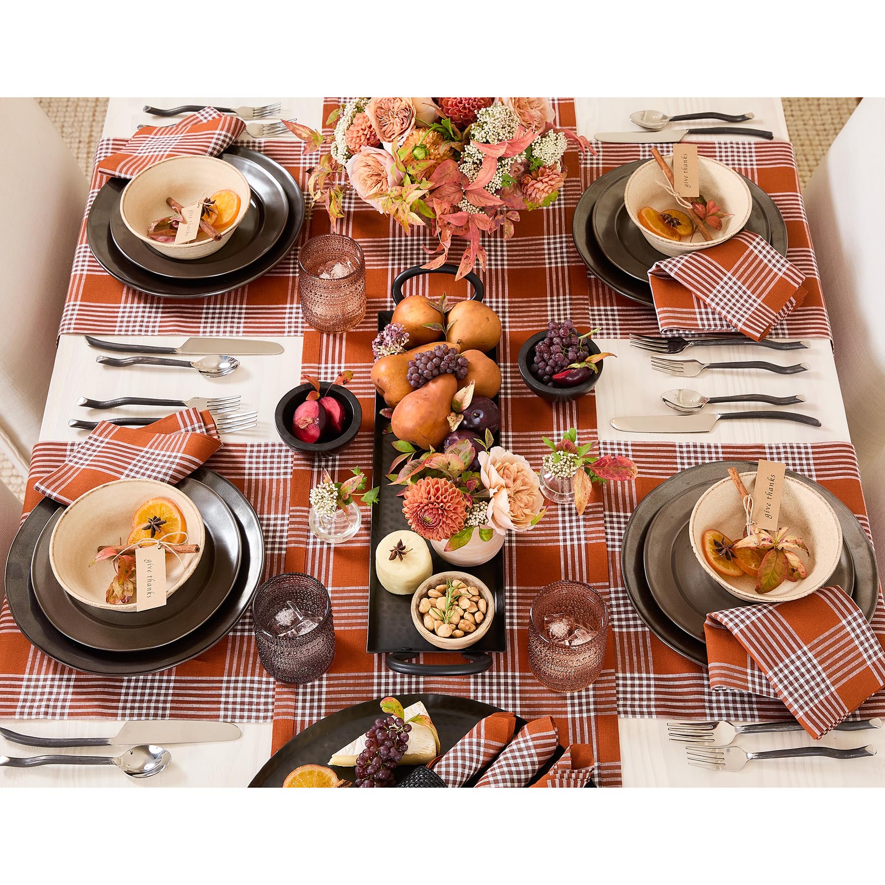 Solino Home Plaid Linen Placemats Set Of 4-100% Pure Linen Nutmeg Glen Plaid Place Mats 14 X 19 Inch - Handcrafted And Machine W