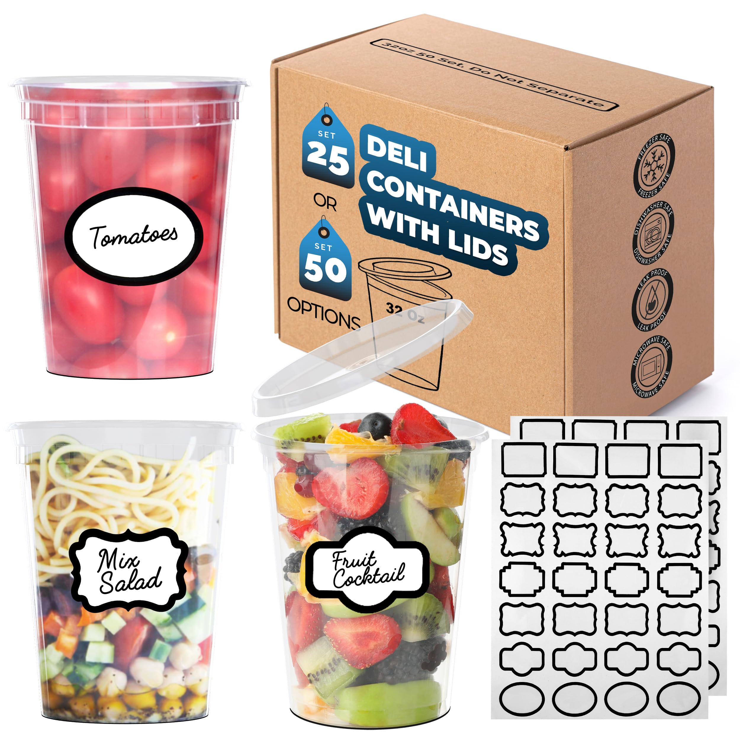 Trusted All Goods [25Sets] 32oz Deli Containers with Lids & One (1) Label Sheet - Leakproof BPA Free Plastic Deli Containers wit
