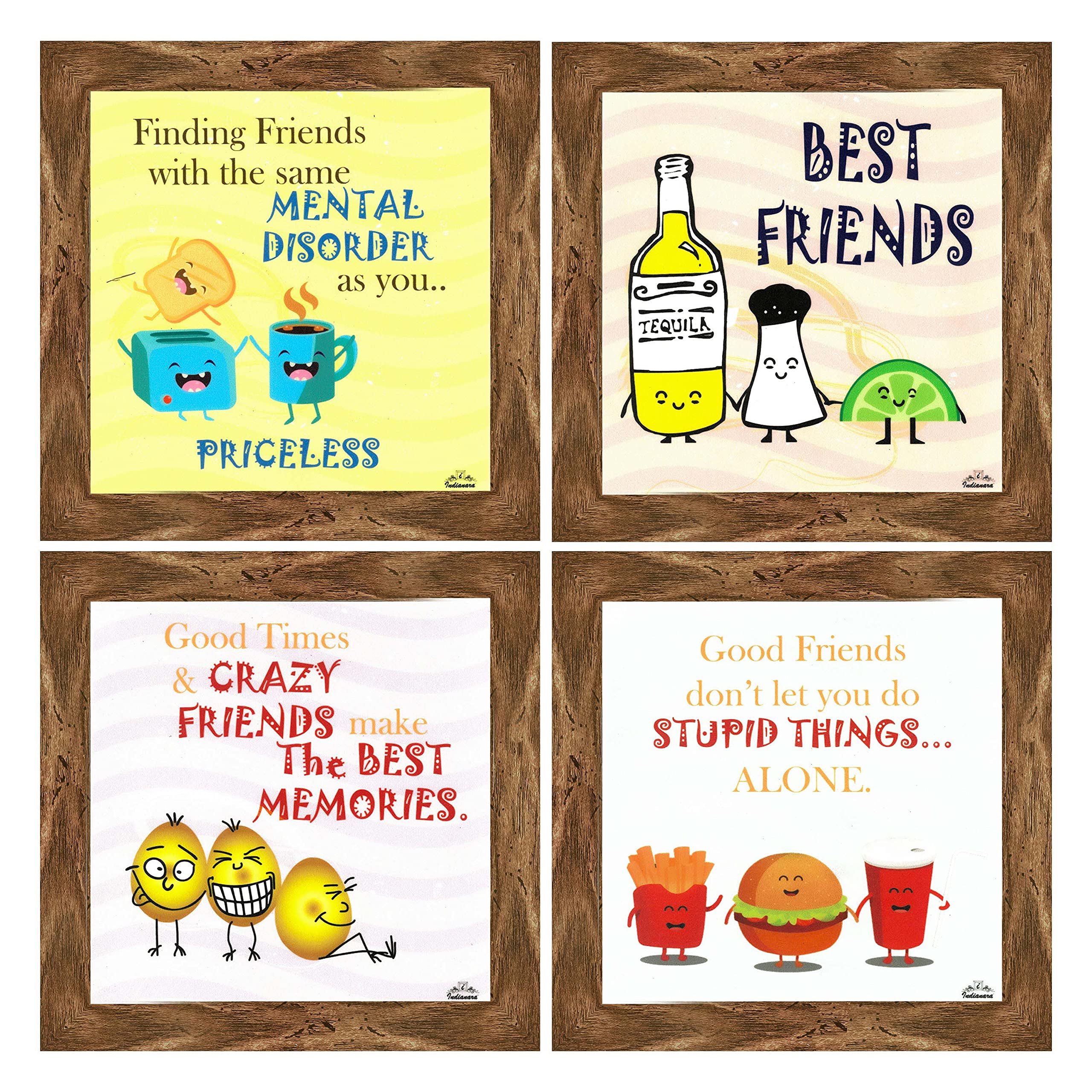 Indianara Set Of 4 Quirky Friends Quote Framed Wall Hanging Laminated Paintings Matt Art Prints 9.5 Inch X 9.5 Inch (Multicolour