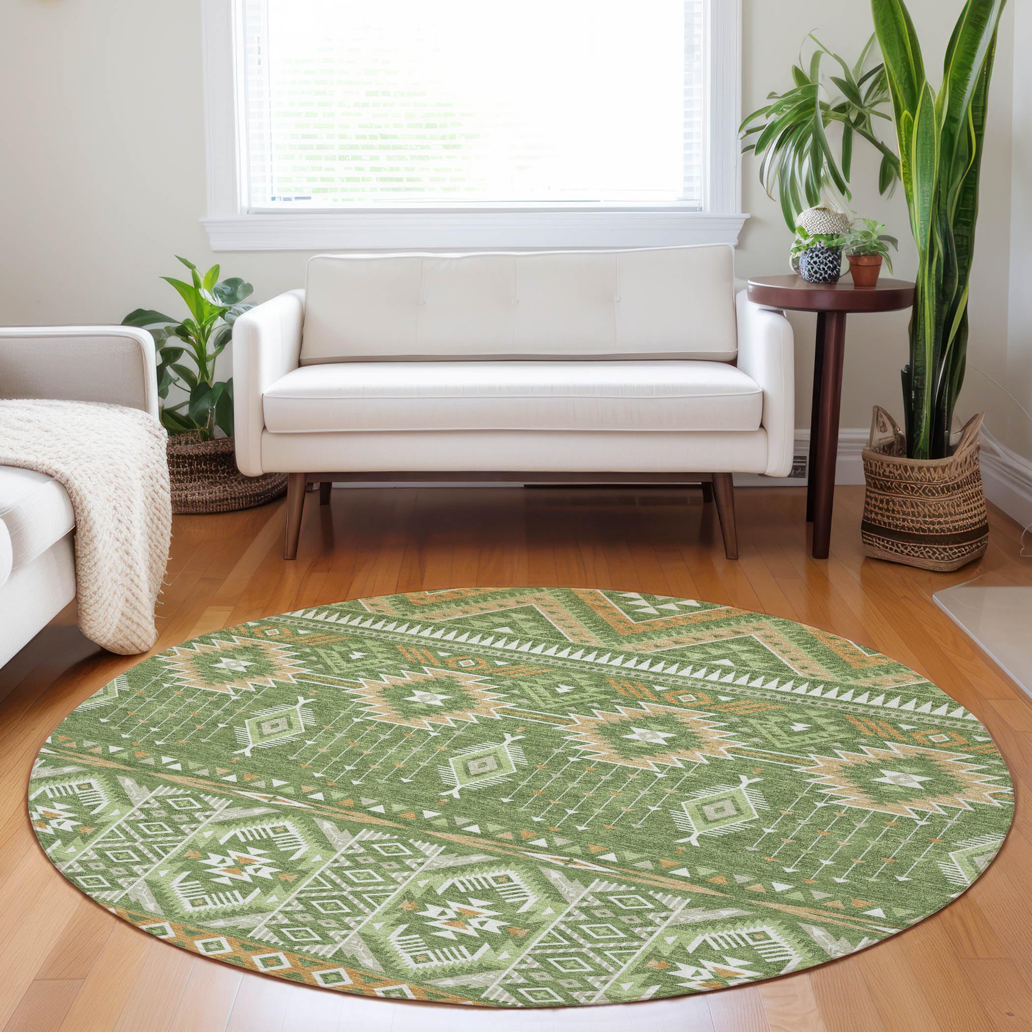 Machine Washable Indoor/Outdoor Chantille Green 8 x 8 Round Rug
