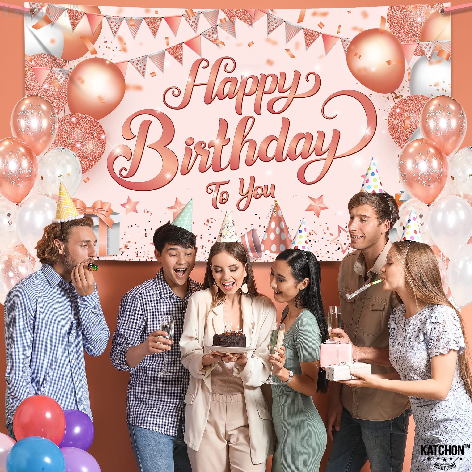 Katchon, Xtralarge Rosegold Happy Birthday Banner - 72X44 Inch | Rosegold Happy Birthday Backdrop | Happy Birthday Backdrop For