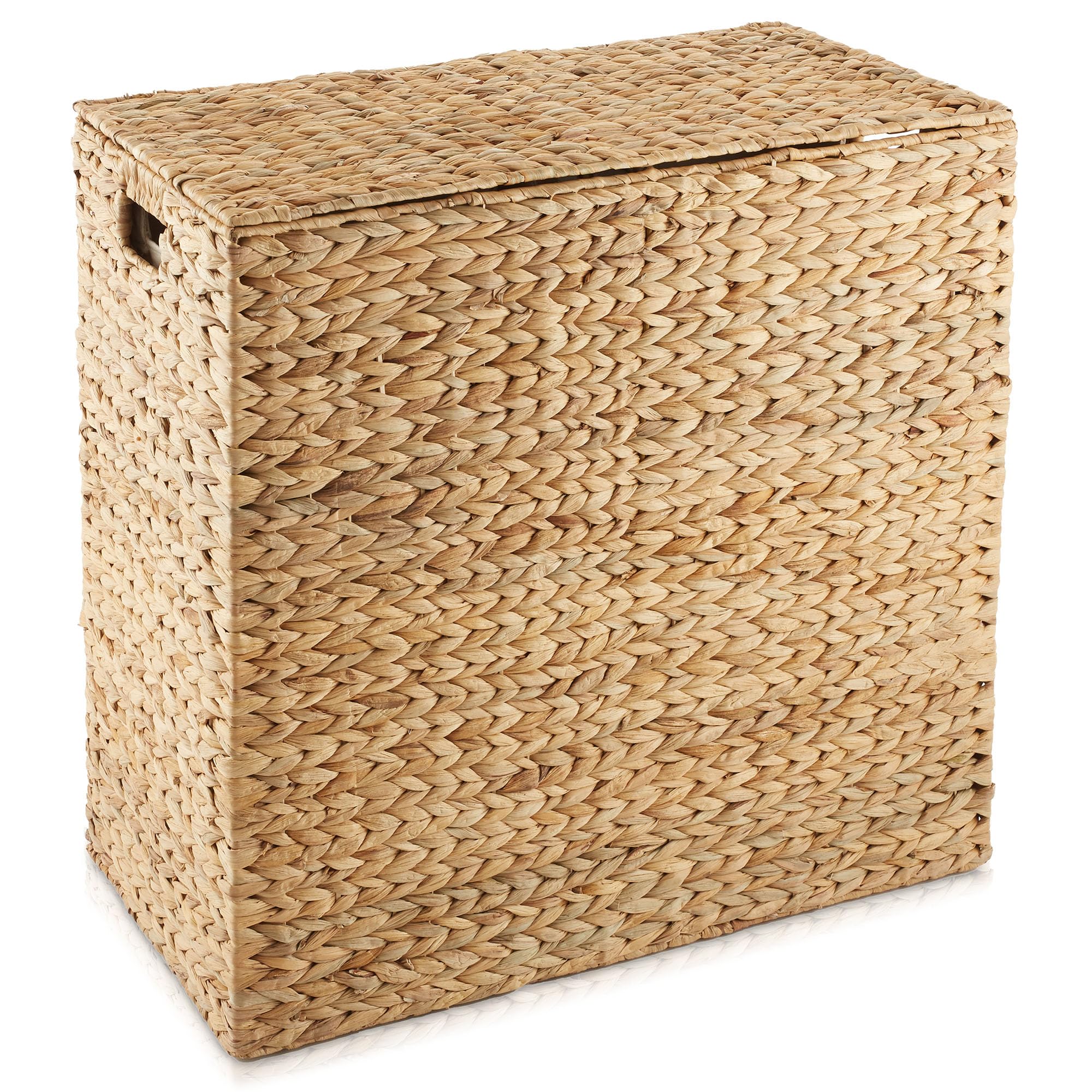 Casafield 2-Section Laundry Hamper With Removable Liner Bags - Natural, Woven Water Hyacinth Double Laundry Basket Sorter For Cl