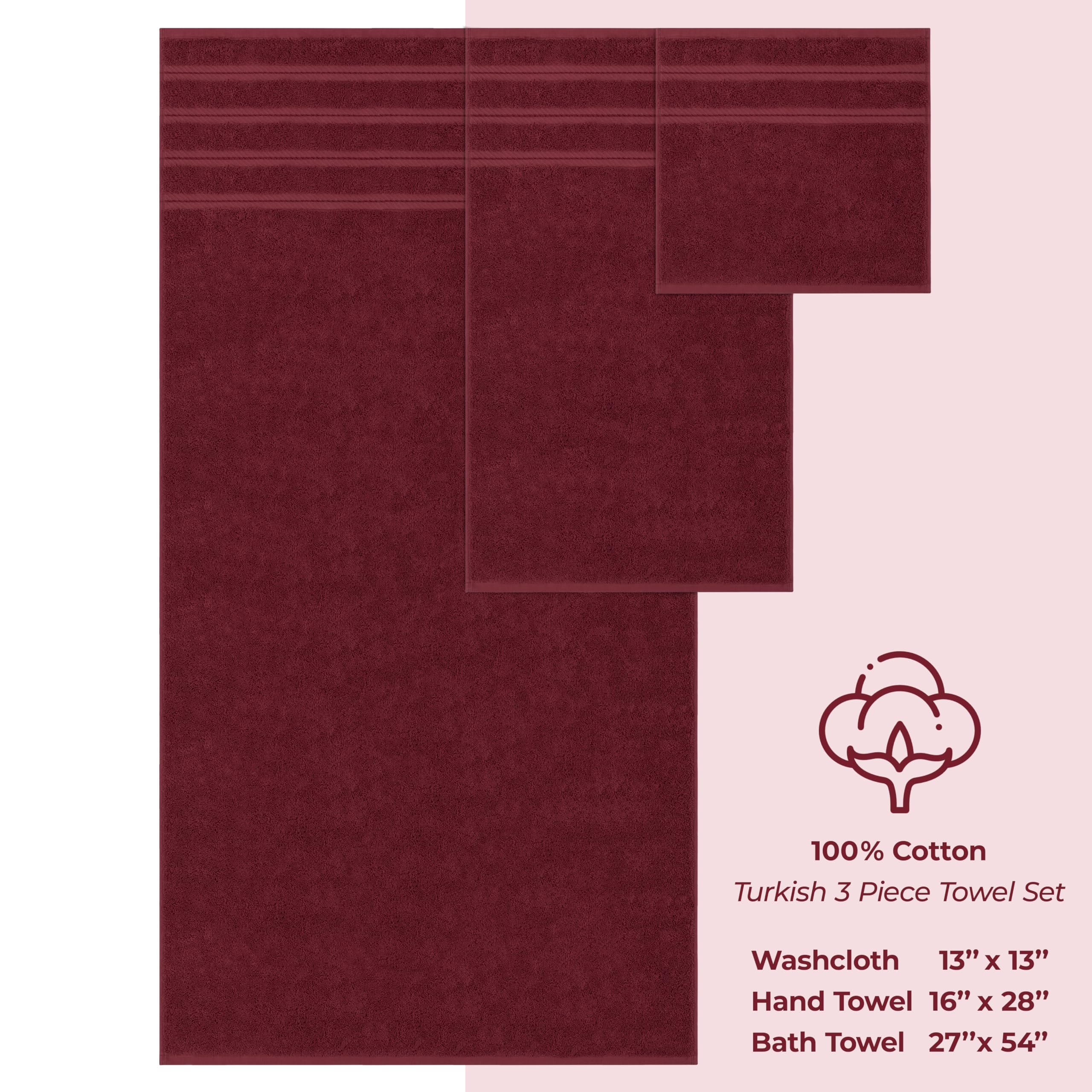 American Soft Linen Luxury 3 Piece Towel Sets  1 Bath Towel 1 Hand Towel 1 Washcloth  100% Turkish Cotton Towels for Bathroom  Red Towel Set