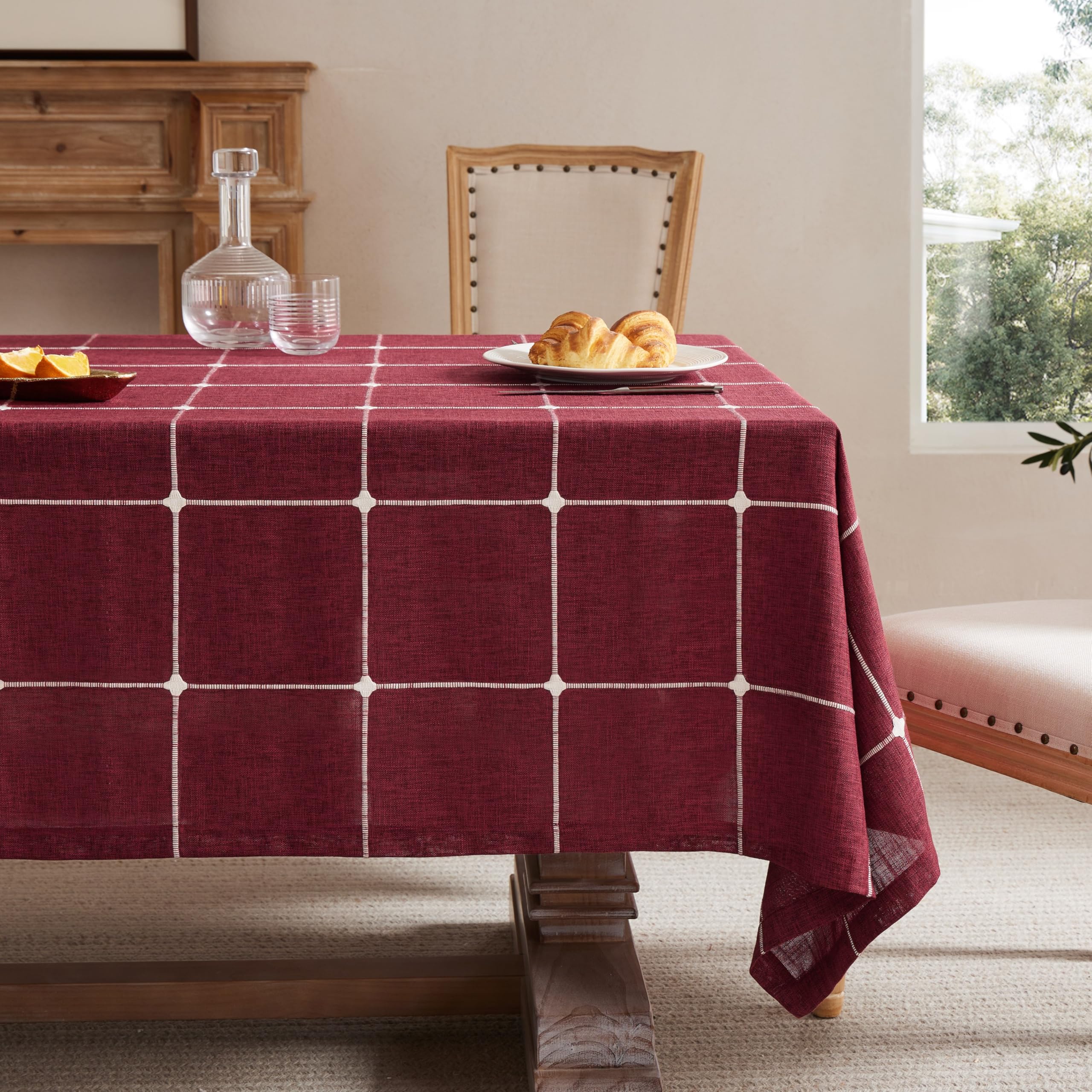 ZeeMart Grid Embroidered Hemmed Tablecloths, Burgundy 60x120 Inch, Farmhouse Style Heavy Weight Cotton Linen Red Tablecloths, Bo
