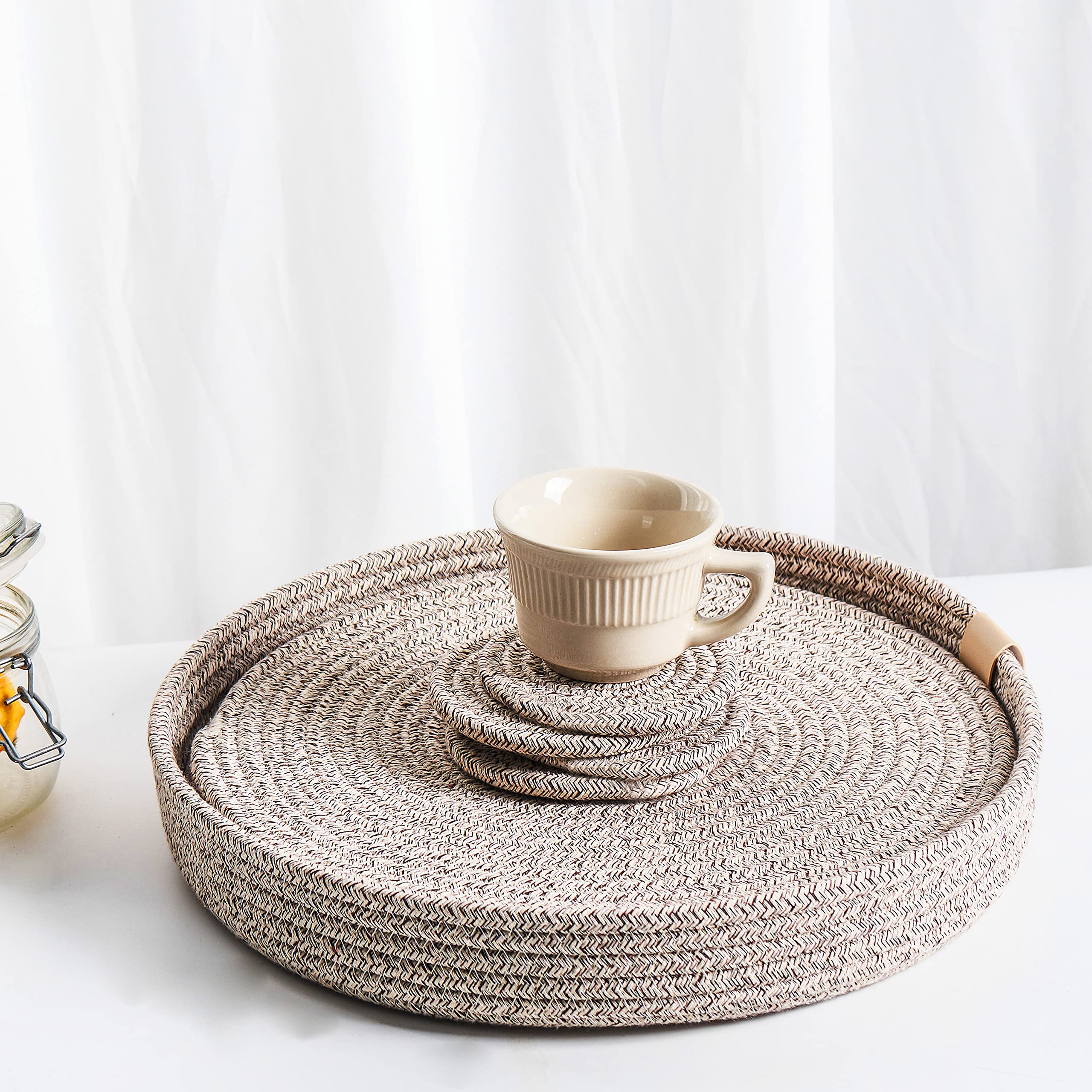 Art Pinecone Round Placemats Set Of 4, Brown Placemat-Woven Cotton Rope Chargers For Dinner Plates, Non-Slip, Heat Resistant Tab
