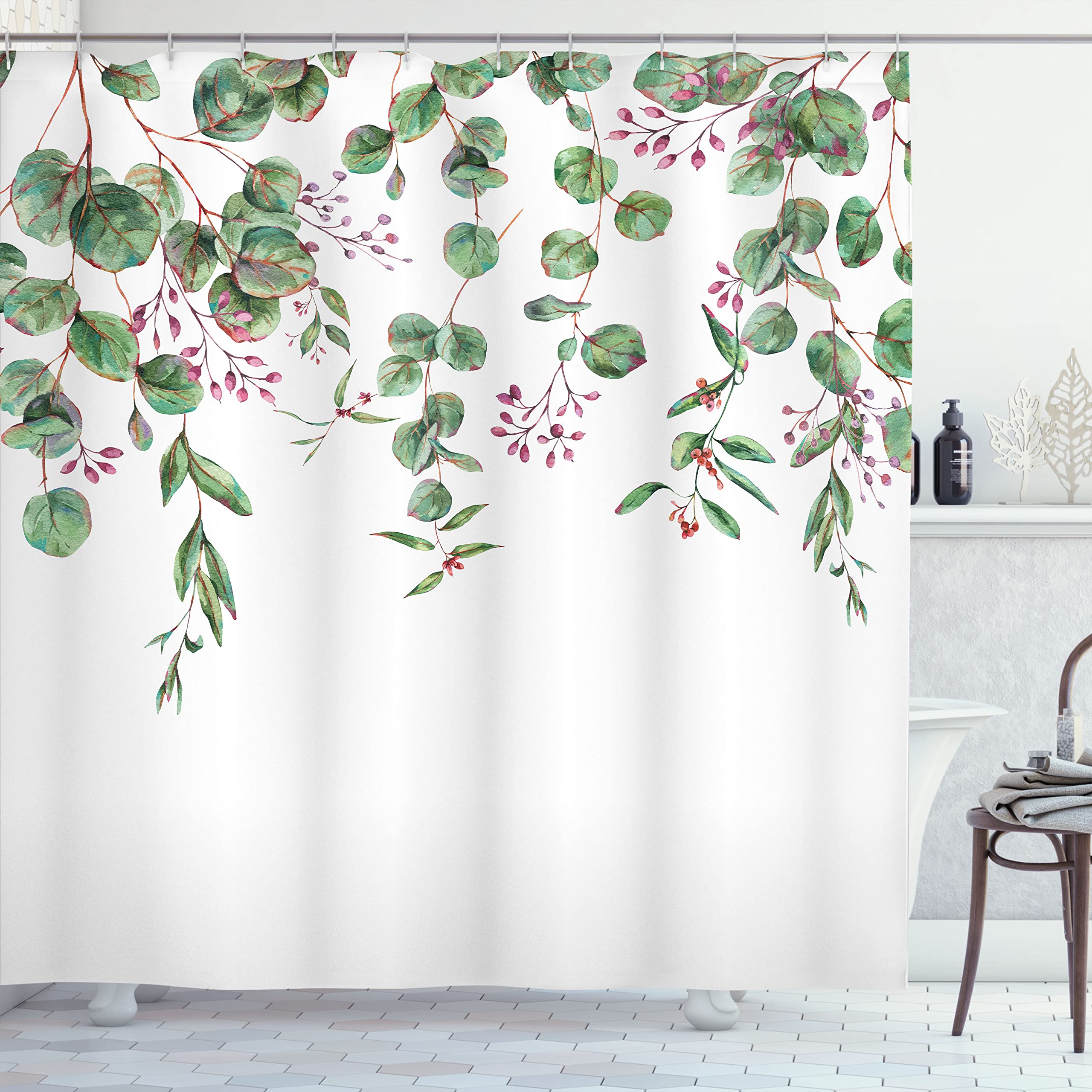 Ambesonne Eucalyptus Shower Curtain, Leaves And Romantic Vintage Watercolor Branches Bloom Top Plant Art, Cloth Fabric Bathroom