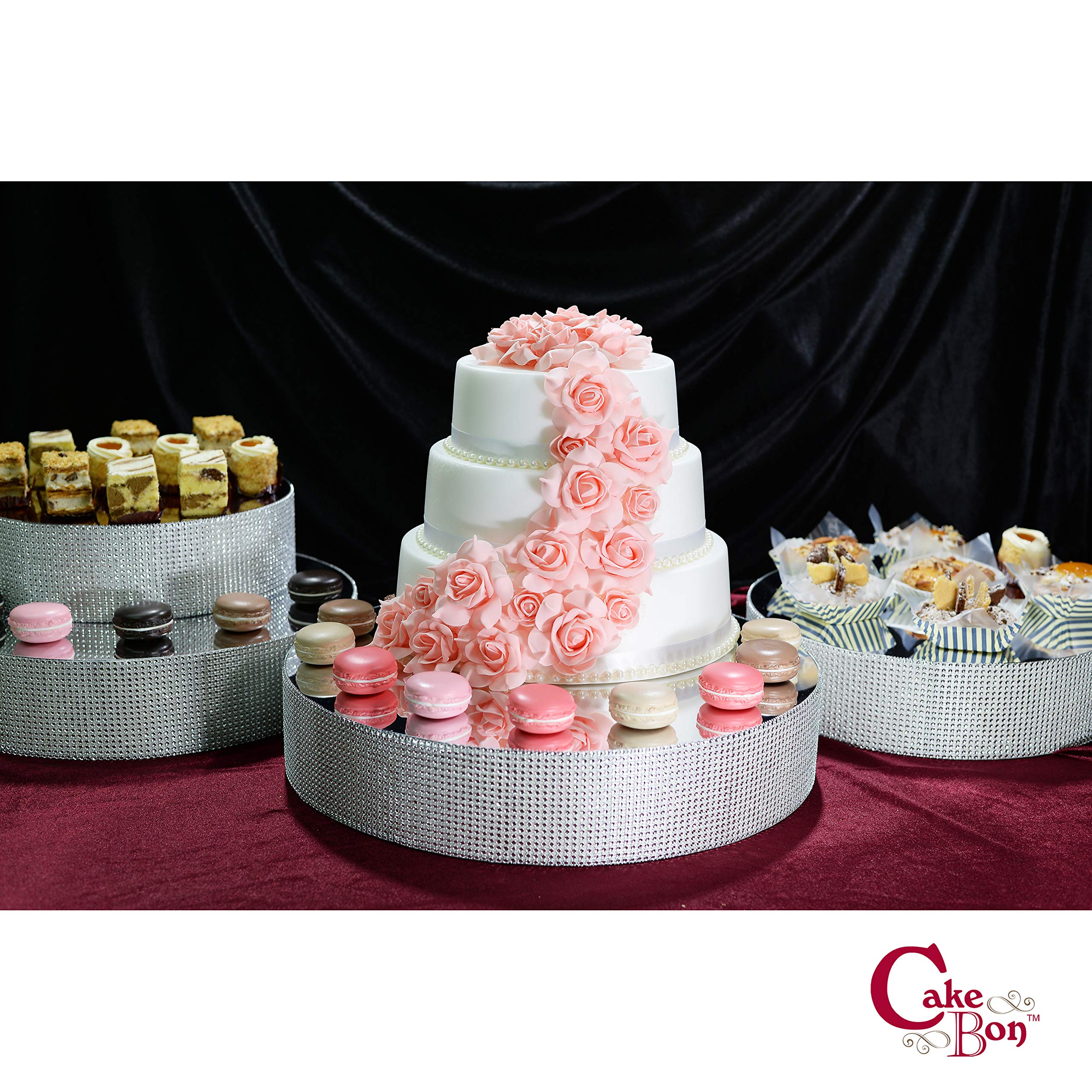 Cakebon Wedding Cake Stand (Silver - 12 inches - Round) - Gorgeous Cake Display Centrepiece for Wedding Cakes  Cupcakes and Desserts - Strong Lightweight Polystyrene Foam with Faux Rhinestones