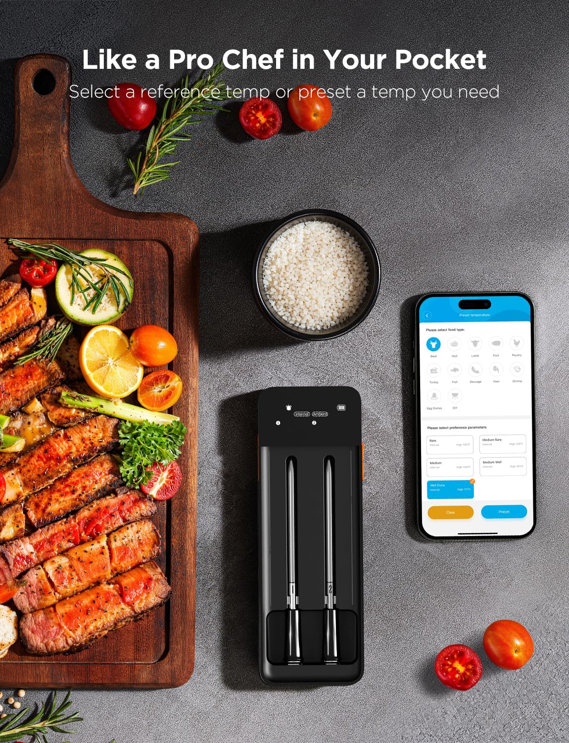 GoveeLife Wireless Digital Meat Thermometer with 2 Probes, WiFi/Bluetooth, Rechargeable, Black, Model H5192 for BBQ, Oven, Grill, Smoker