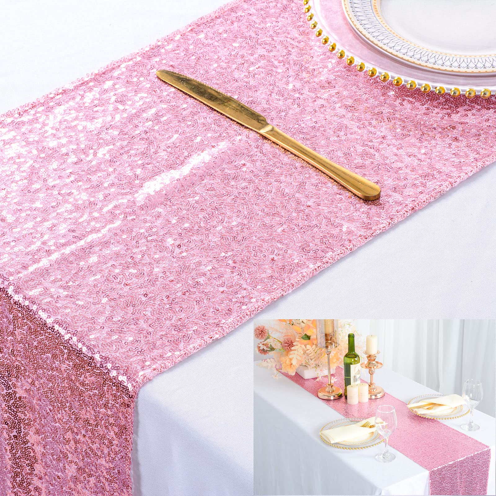 Shinybeauty 12X72-Inch Rectangle-Sequin Table Runner-Fushia Pink For Wedding/Party/Decor (12X72-Inch) Rose Pink Table Runner Met