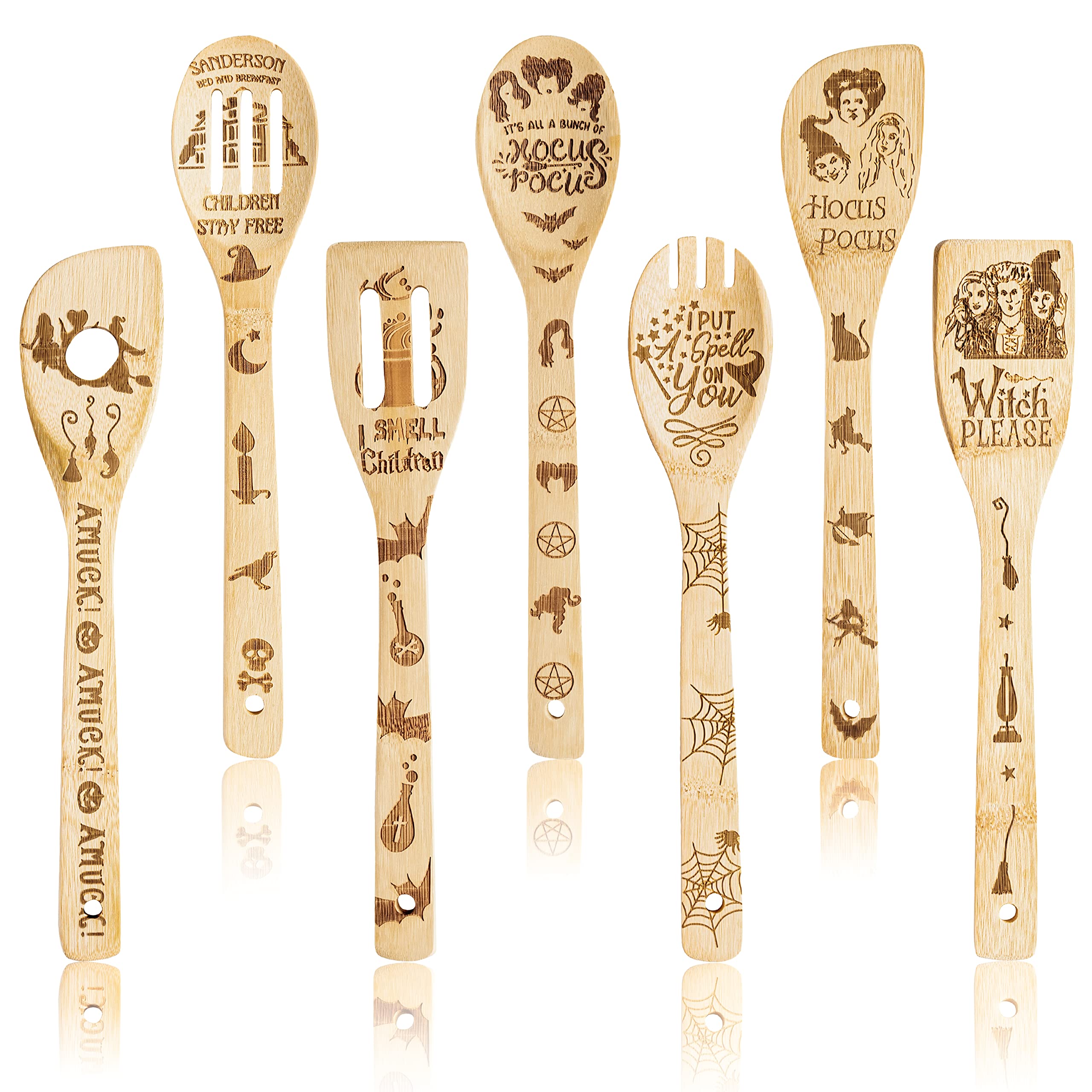 Eartim Halloween Wooden Cooking Utensil Set - 7Pcs Hocus Pocus Kitchen Cooking Gadget Natural Carve Bamboo Spoon Slotted Spatula