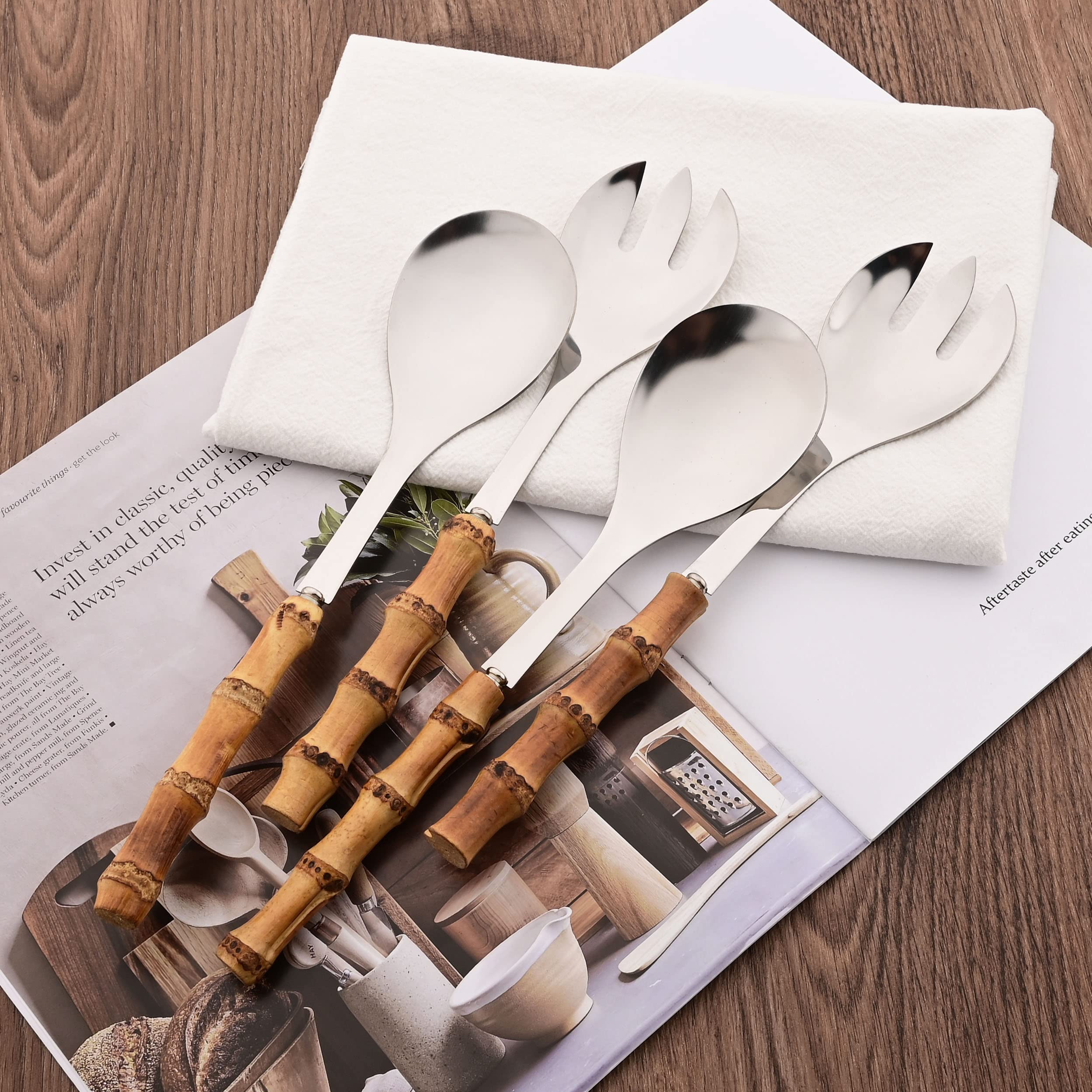 Uniturcky Serving Spoon And Fork Set, 304 Stainless Steel Serving Utensils With Natural Bamboo Handle, 10'' Long Handle Serving