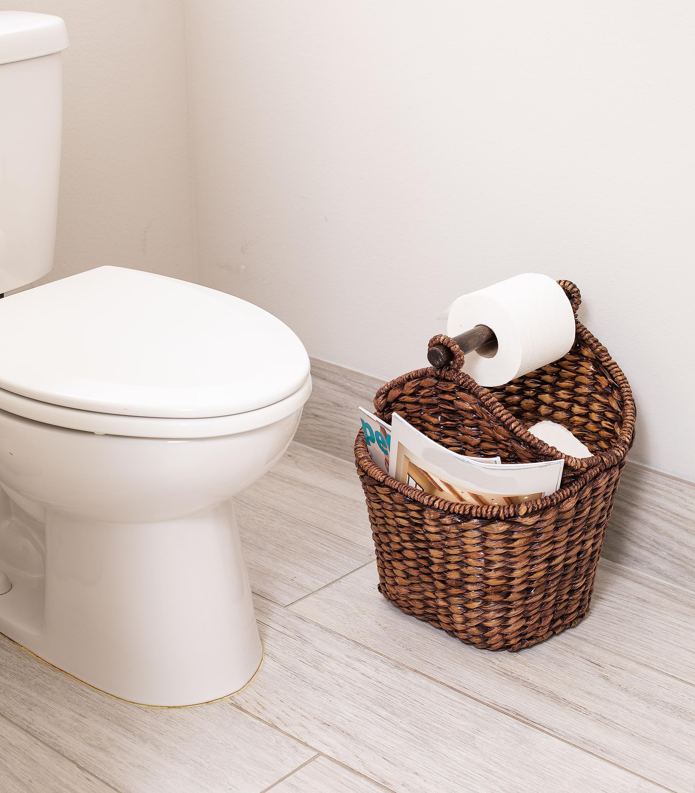 Birdrock Home Seagrass Magazine And Bathroom Basket - Hand Woven Toilet Paper Holder With Pocket - Grey Wash - Stylish Decorativ
