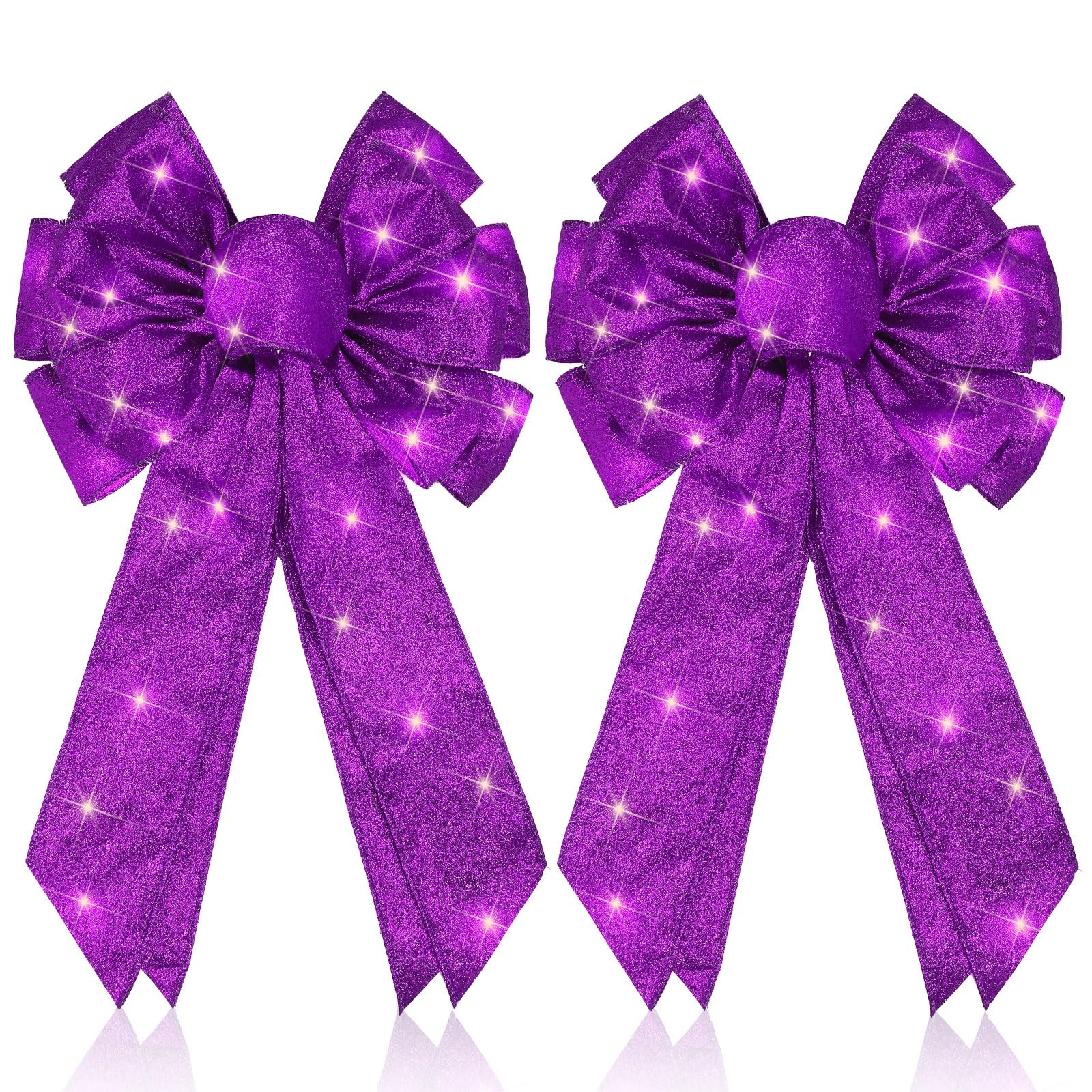 Giegxin 2 Pcs Large Purple Lighted Christmas Bows with Lights for Wreath and Tree Topper, 18x10 Inch Pre Lit Purple Wreath Bow L