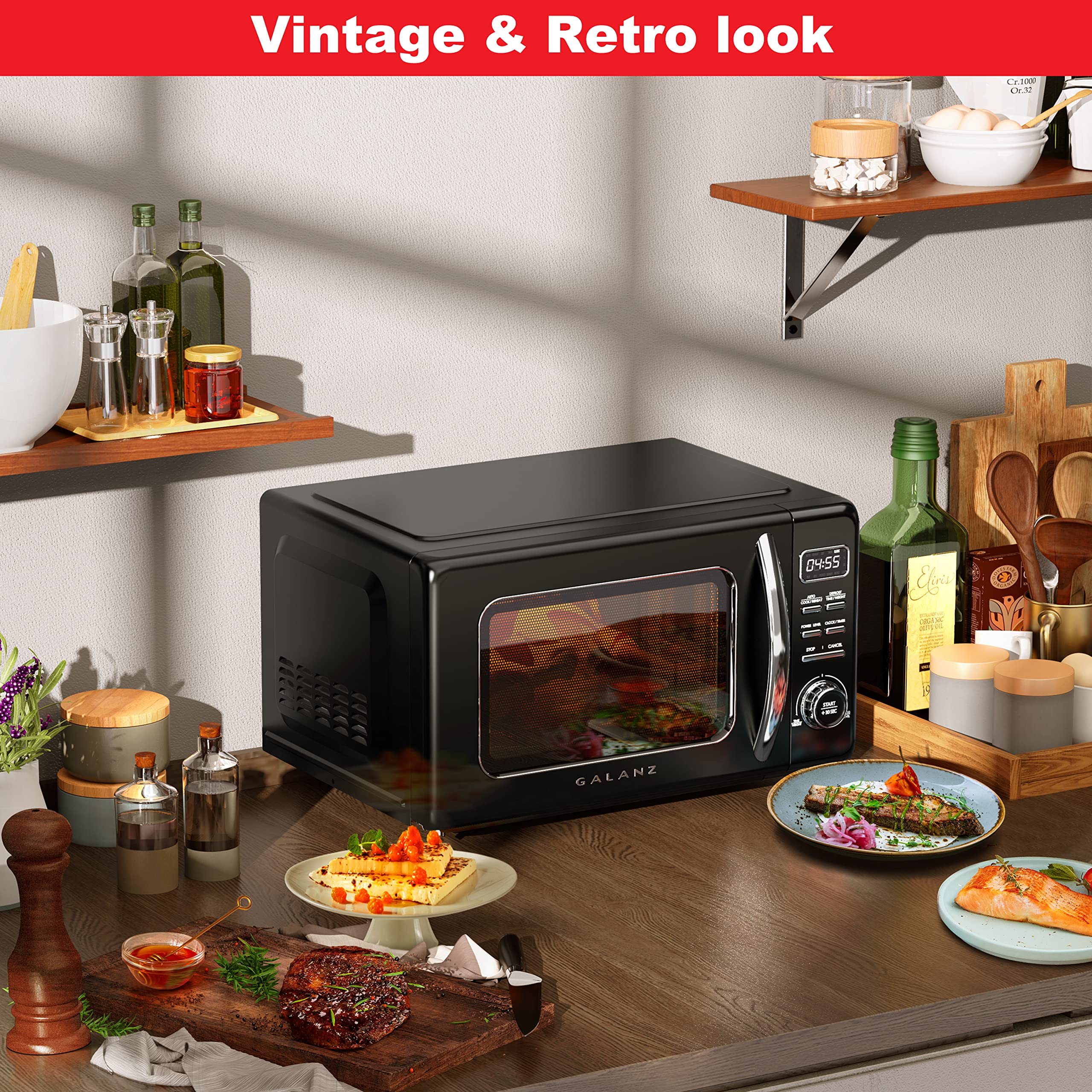 Galanz GLCMKZ11BKR10 Retro Countertop Microwave Oven with Auto Cook & Reheat, Defrost, Quick Start Functions, Easy Clean with Gl