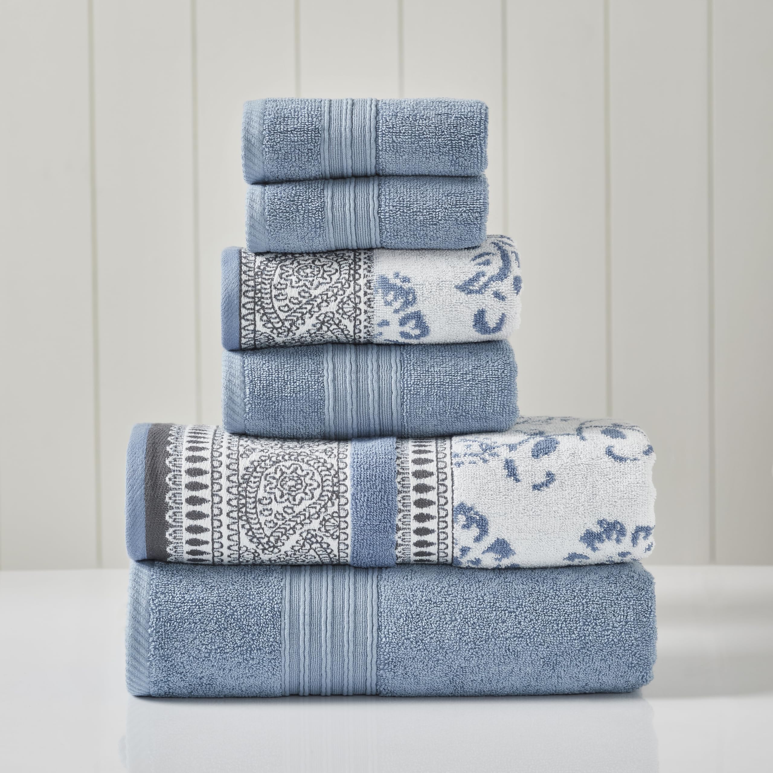 Modern Threads 6 Piece Set, 2 Bath Towels, 2 Hand Towels, 2 Washcloths Yarn Dyed Jacquard/Solid Towel Set Ophelia Blue