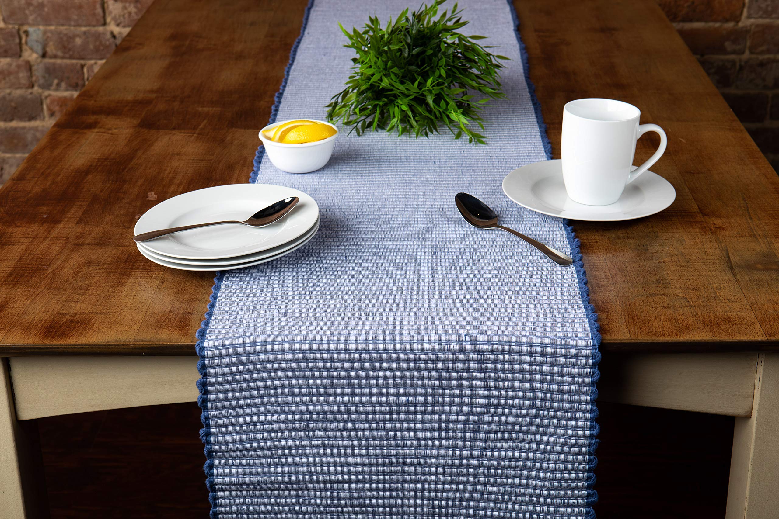 Sticky Toffee Table Runner Cotton Farmhouse Boho 14 in x 72 in  Table D?cor for Kitchen or Dining  Blue Cloth Woven Ribbed Table Runners  Oeko-Tex Cotton
