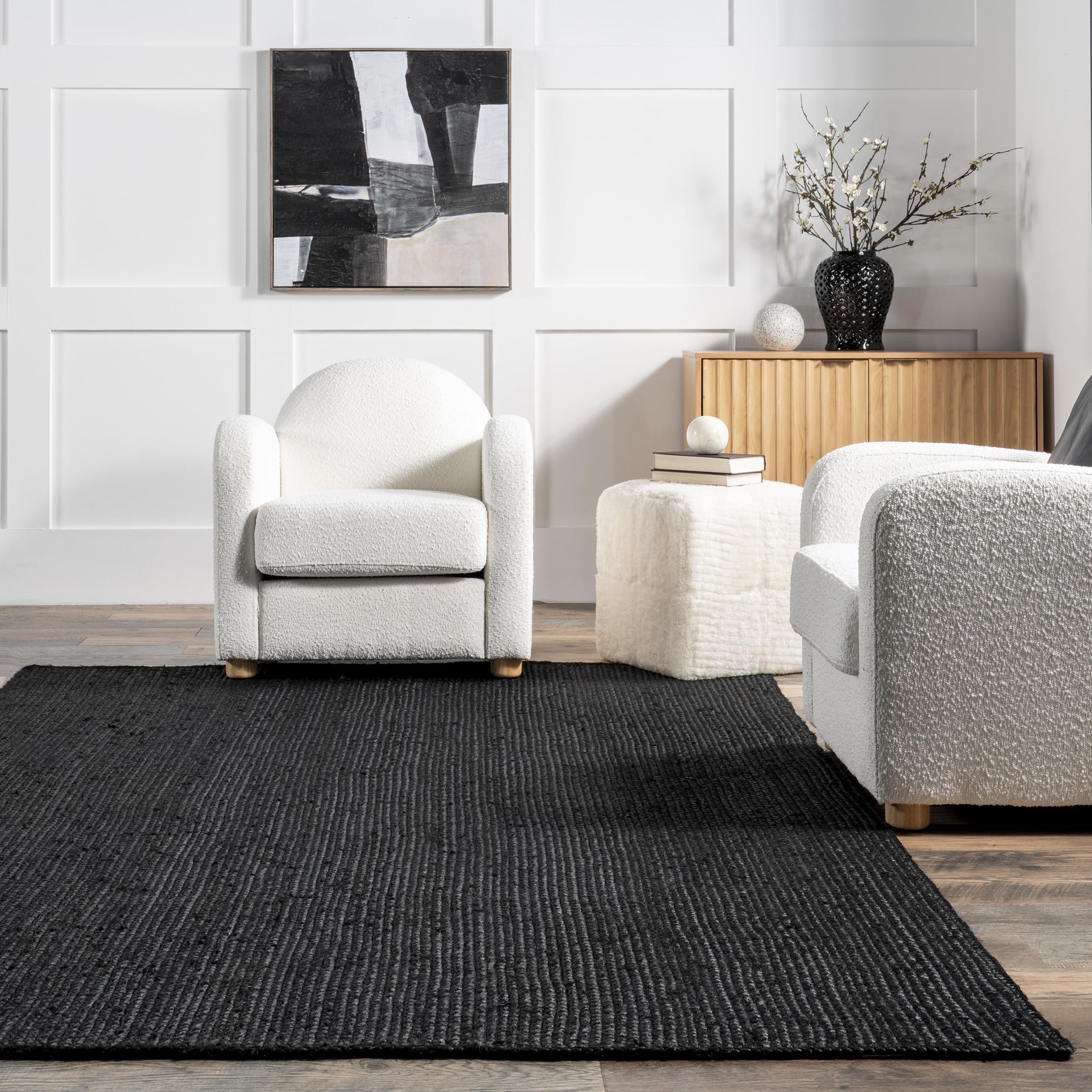 nuLOOM 9x12 Rigo Jute Hand Woven Area Rug, Black, Solid Farmhouse Design, Natural Fiber, For Bedroom, Living Room, Dining Room,