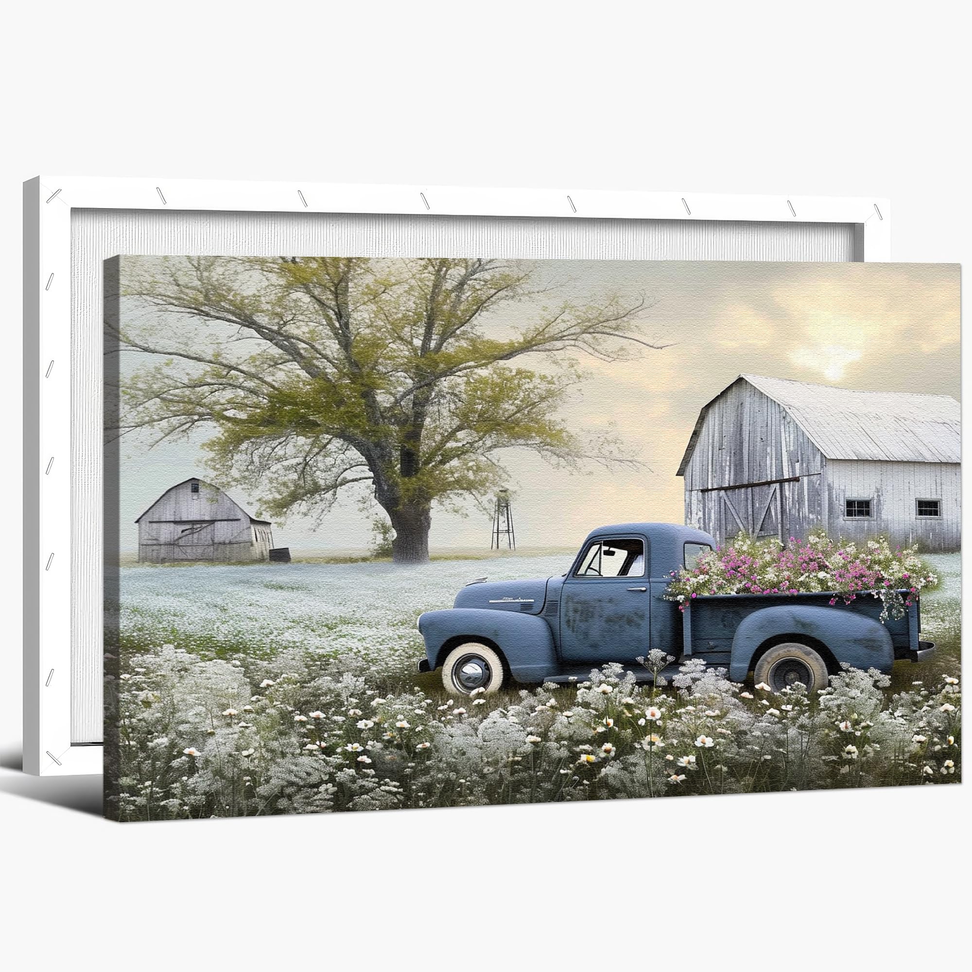Farmhouse Old Truck Canvas Wall Art, Old Barn Pictures Wall Art, Country Antique Pickup Truck Canvas Prints, Blue Truck With Whi