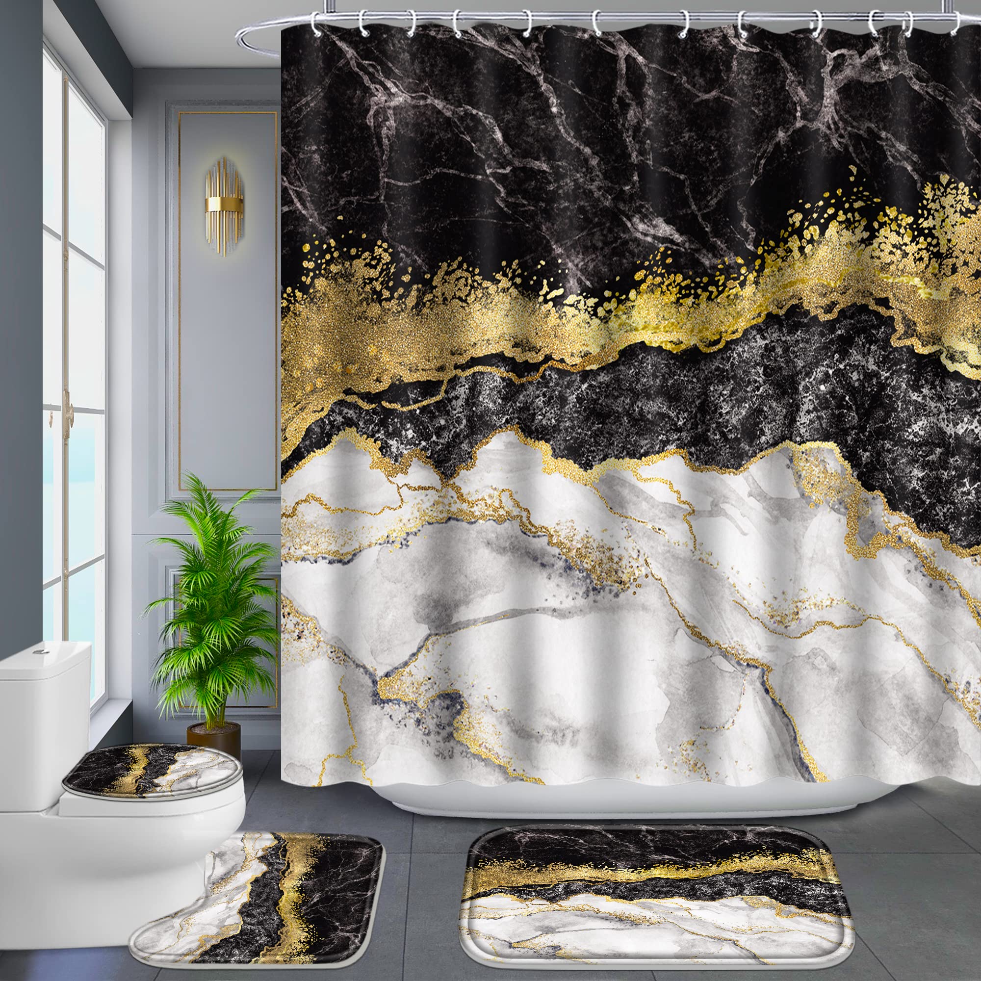 Poedist 4 Pcs Bathroom Shower Curtain Set,KidS Bathroom Set,Shower Curtain Sets With Rugs(Bath Mat,U Shape And Toilet Lid Cover