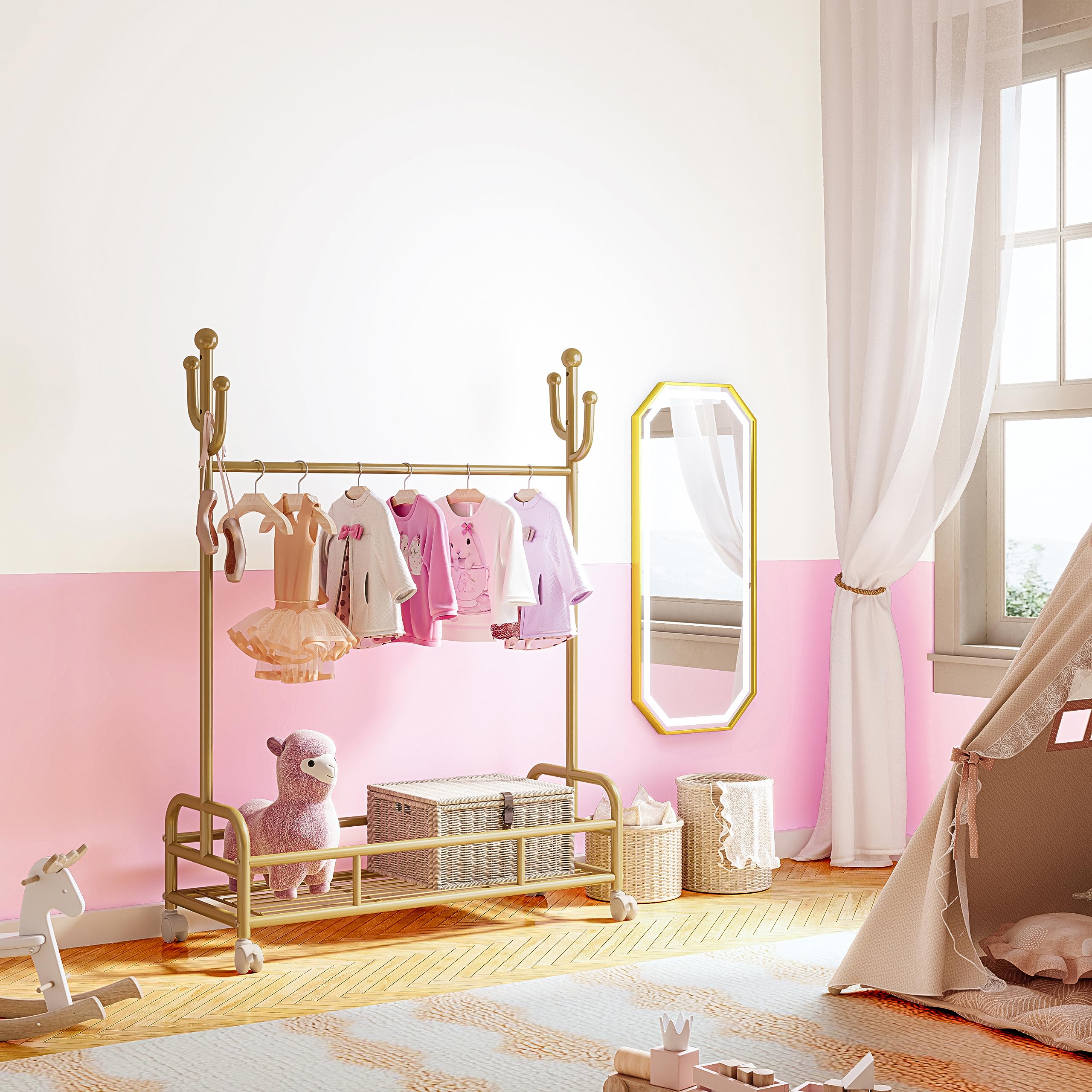 Bestier Kids Dress Up Rack, Adjustable Rack Height For Kids Clothes Rack, Bottom Storage Shelf With Wheels, Metal Dress Up Rack