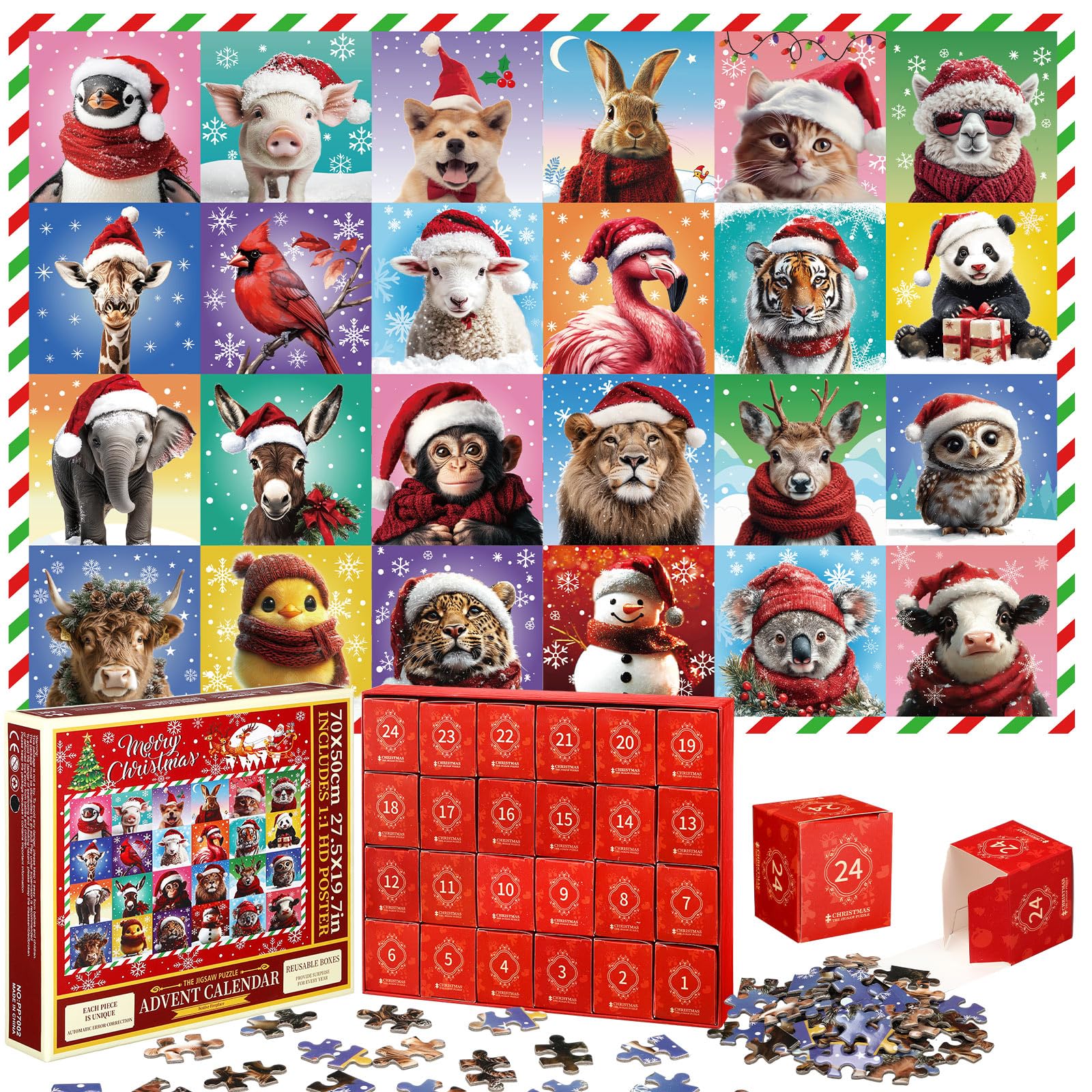 Wovnet 24 Boxes 1000 Pcs Advent Calendar 2025 Christmas Jigsaw Puzzle for Adults Winter Snow Animals Puzzles 24 Days Christmas C